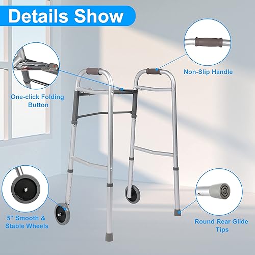 Miniatura 3 de Endynino Andador plegable para personas mayores y adultos con liberación de gatillo, altura ajustable con ruedas delanteras de 5 pulgadas, ayuda