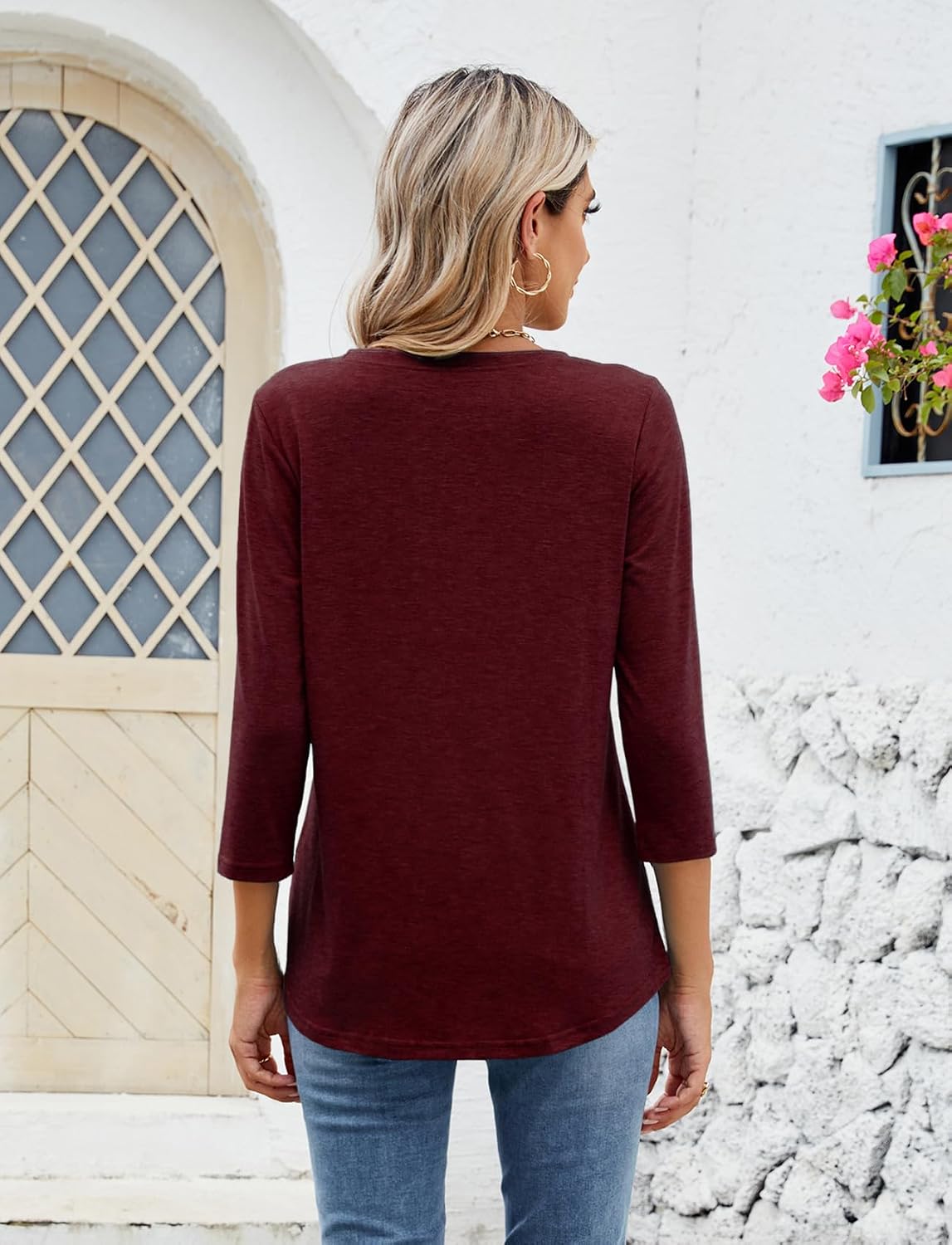 Sherosa Womens Casual 3/4 Sleeve T Shirts Crew Neck Loose Fit Tunic Tops Solid Basic Tops Tees