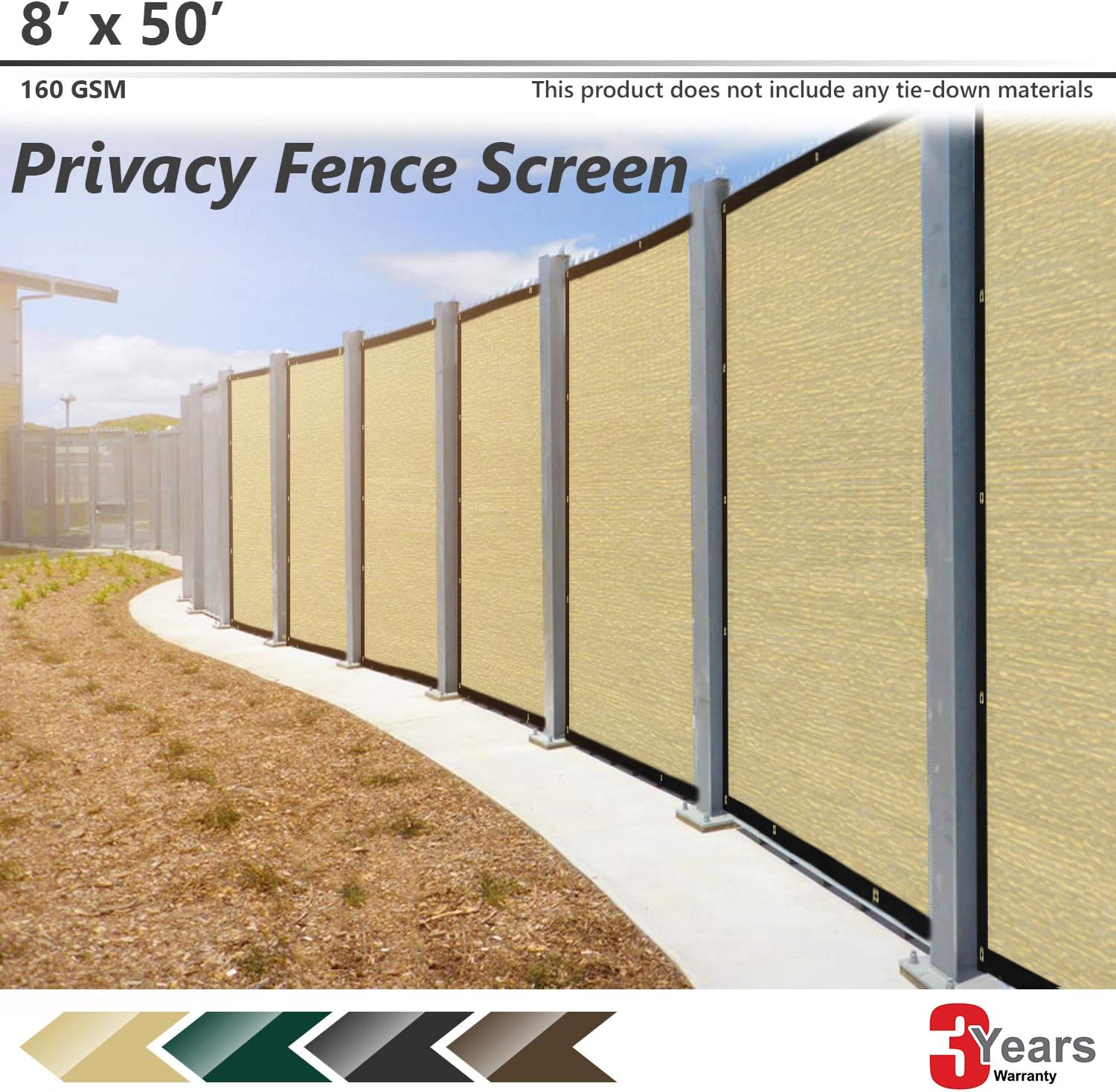 BOUYA Beige Privacy Fence Screen 8' x 50' Heavy Duty for Chain-Link Fence Privacy Screen Commercial Outdoor Shade Windscreen Mesh Fabric with Brass Gromment 160 GSM 88% Blockage UV -3 Years Warranty
