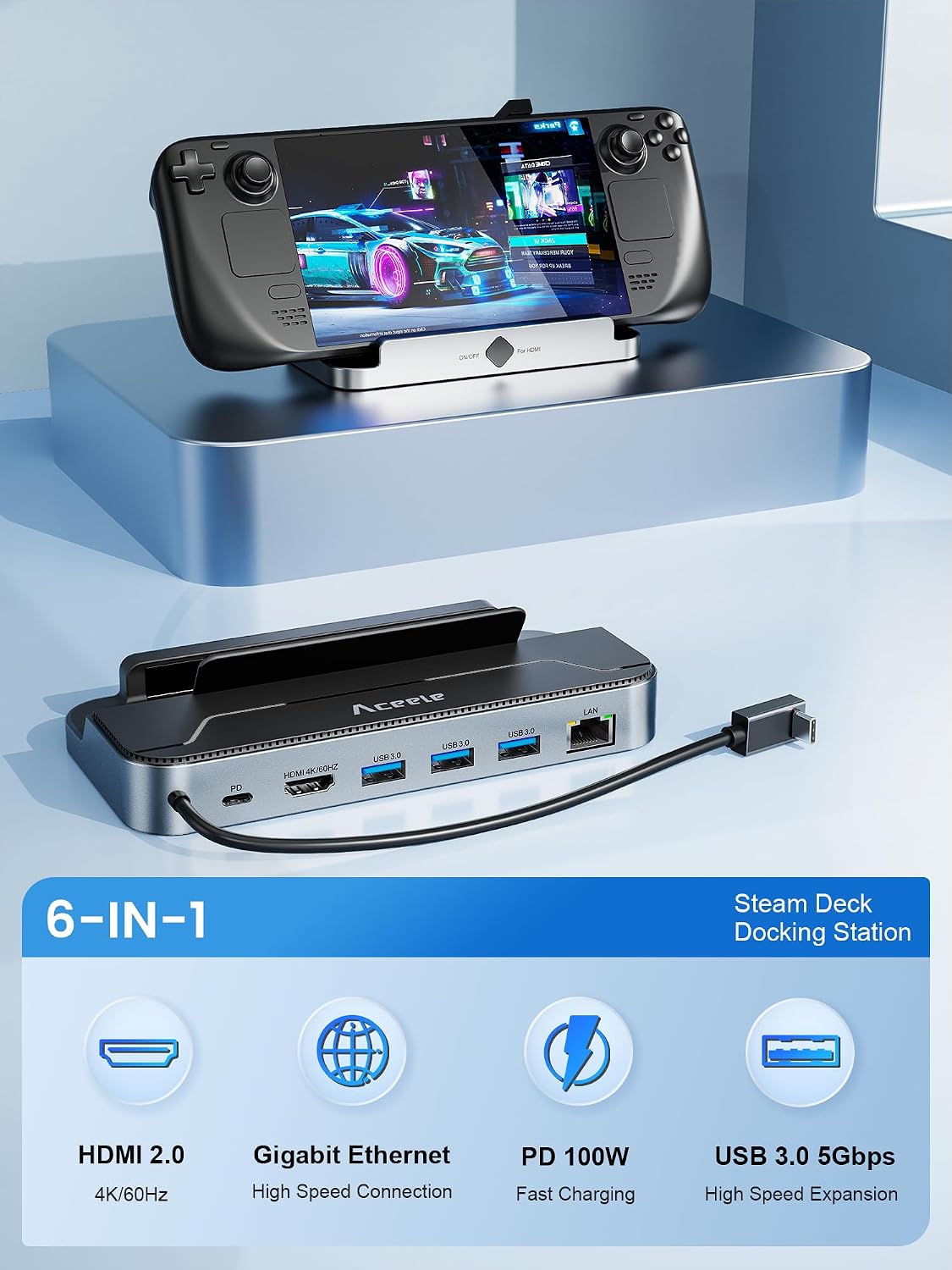 Aceele Steam Deck Dock stacja dokująca 6 w 1 USB C z HDMI 4K 60Hz USB 3.0 portem ładowania PD 100W RJ45 Gigabit Ethernet do Steam Deck Switch Valve laptopów i innych urządzeń