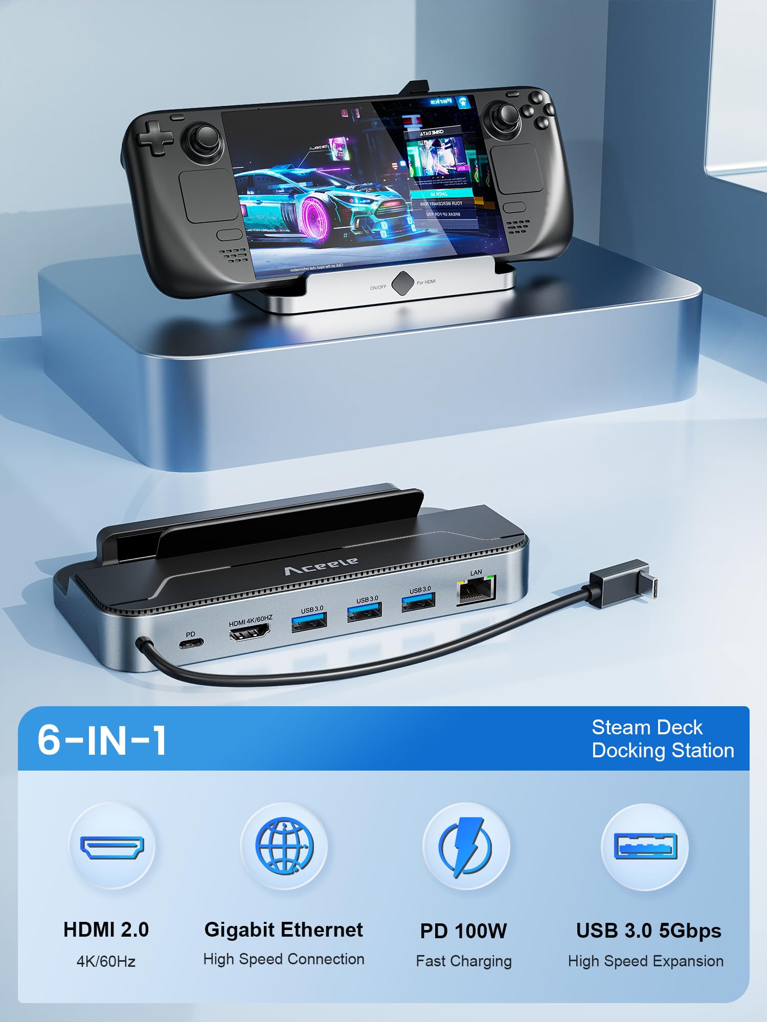 Aceele Steam Deck Dock, stacja dokująca 6 w 1 USB C z HDMI 4K@60Hz, USB 3.0, portem ładowania PD 100W, RJ45 Gigabit Ethernet, do Steam Deck, Switch, Valve, laptopów i innych urządzeń