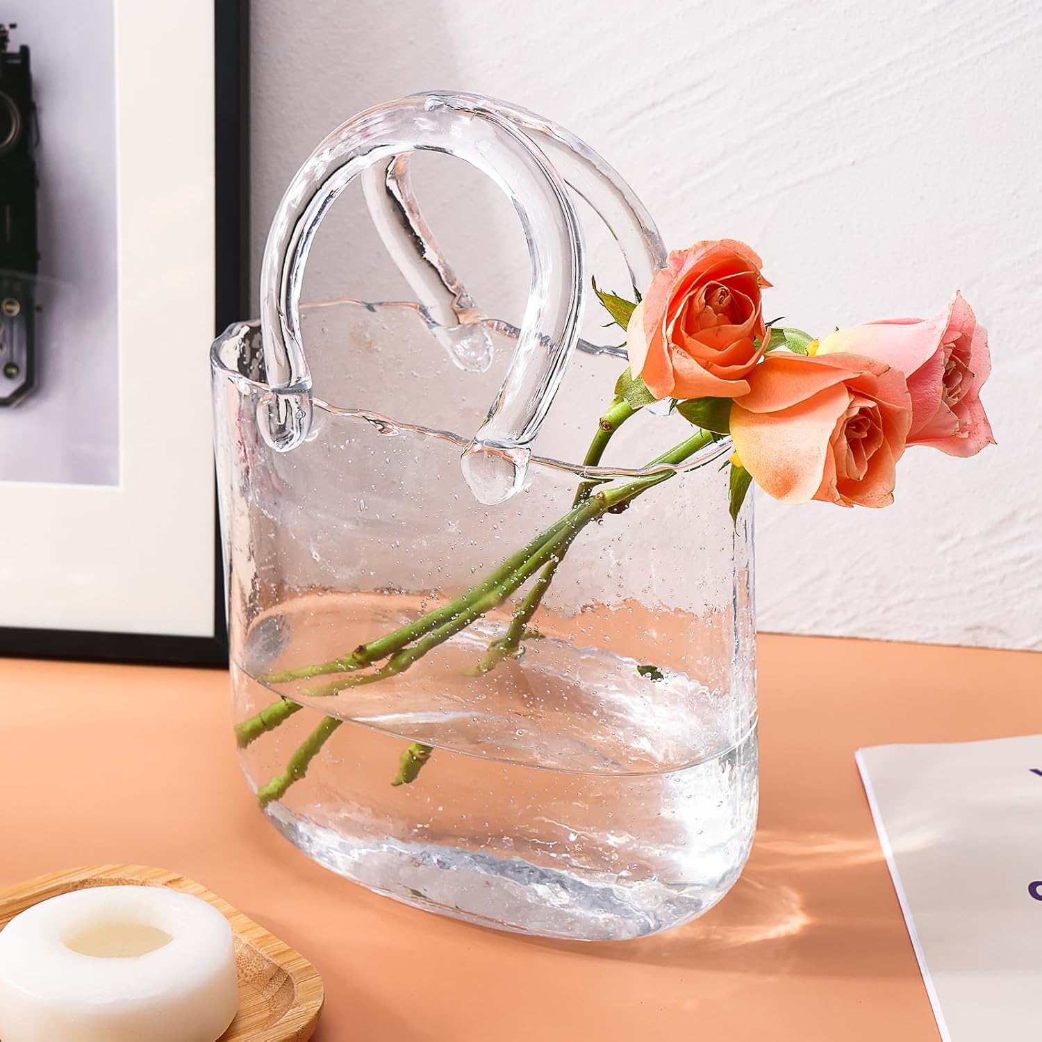 Fixwal Glass Bag Vase for Flowers, Clear Purse Vase with