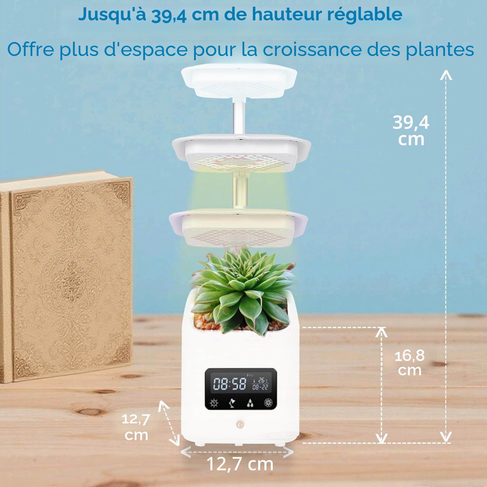Pot de fleurs intelligent multifonctionnel, pot de fleurs pour plantes d'intérieur en hydroponie avec enceinte Bluetooth, lumière LED de croissance réglable pour plantes, humidificateur, purification