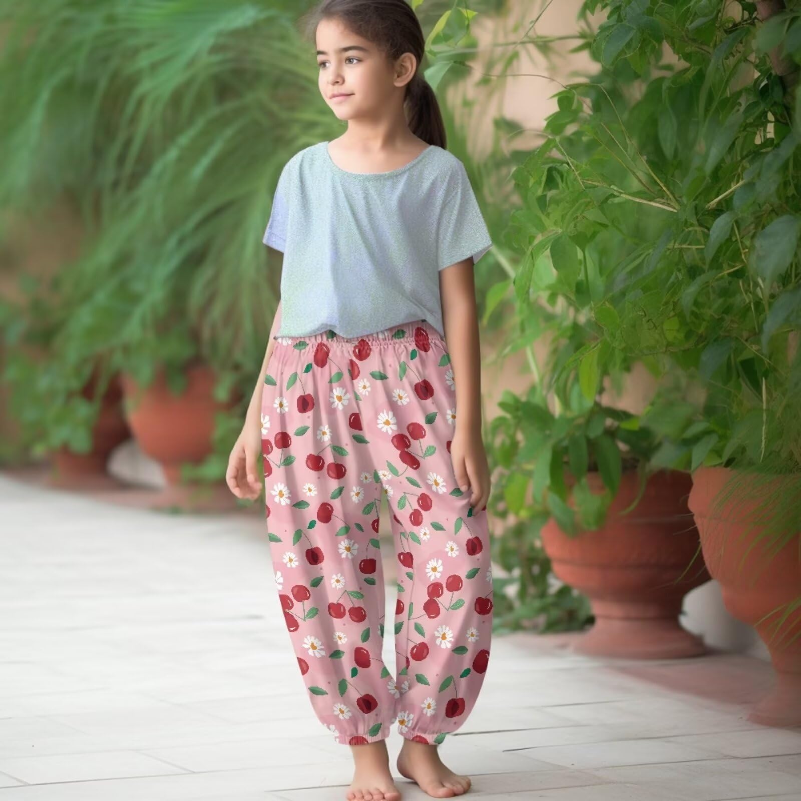 Renewold Loose Sweatpants for Kids Teens Girls Boys Active Jogger Pants Casual Lounging Bottoms Cherry Daisy Print Comfortable Soft Trousers for Hiking Cycling Dance Baggy Activewear Size M