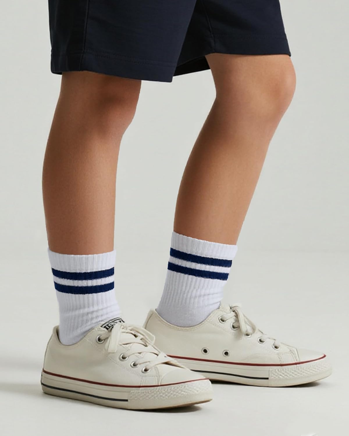 COTTON DAY Unisex School Kids Boys Girls Soft Cotton Black White Gray Navy Athletic Socks with Retro Stripes
