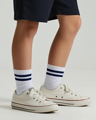 Miniatura 6 de COTTON DAY Calcetines deportivos unisex para niños y niñas, algodón suave, negro, blanco, gris, azul marino, caqui, con rayas retro