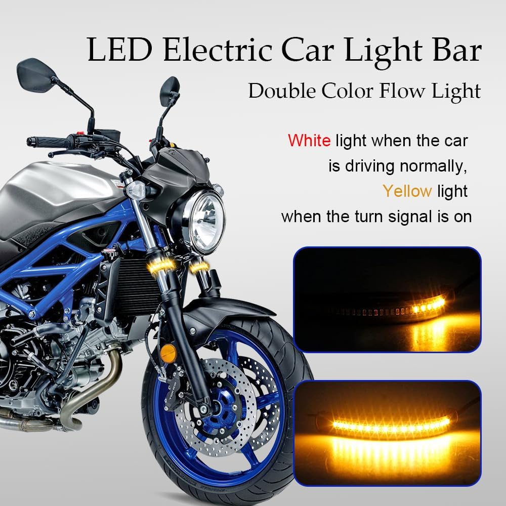 2PCS Motorcycle LED Turn Signal Light, Flexible Switchback Dual-Color White & Amber Fork Turn Signal Blinkers, DRL Daytime Running Light, Waterproof Adjustable Strips Bars Universal for Motorbike (5")