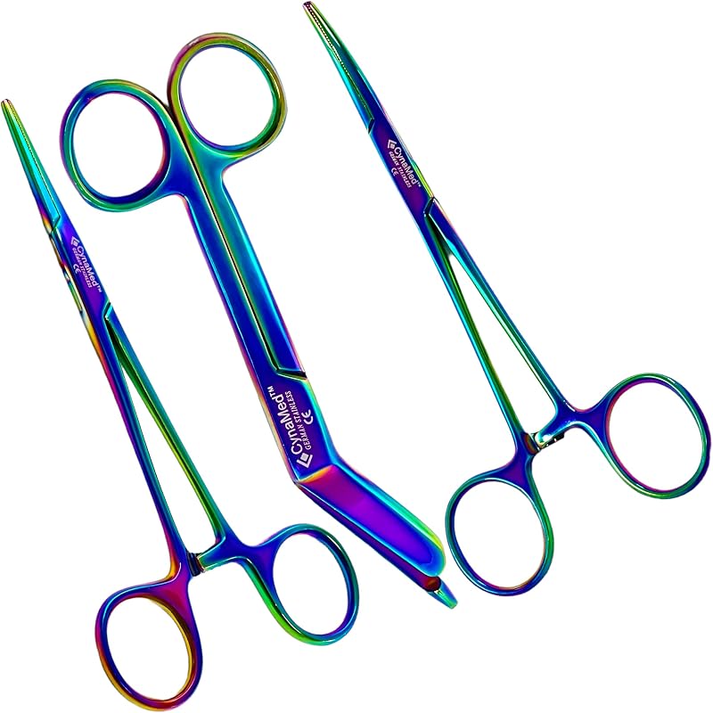 ArTLaB-Premium Hemostats Forceps,Straight, Curved 5.5" & Lister Bandage Scissors 5.5" Ideal for Nurses, EMT, Firefighter, Fisherman, Hobbyist, 3 pcs Set (Rainbow Set of 3 PCS)