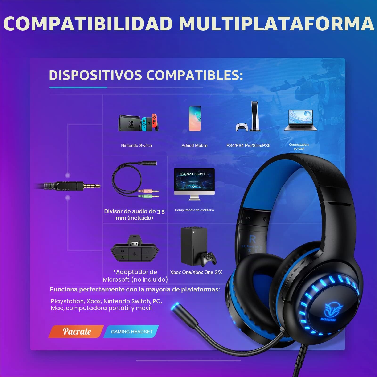 Pacrate Cascos Gaming para PS4/PS5/Xbox One/Nintendo Switch/PC, Auriculares Gaming con Microfono Cascos PS4, Cascos Gamer, Azul