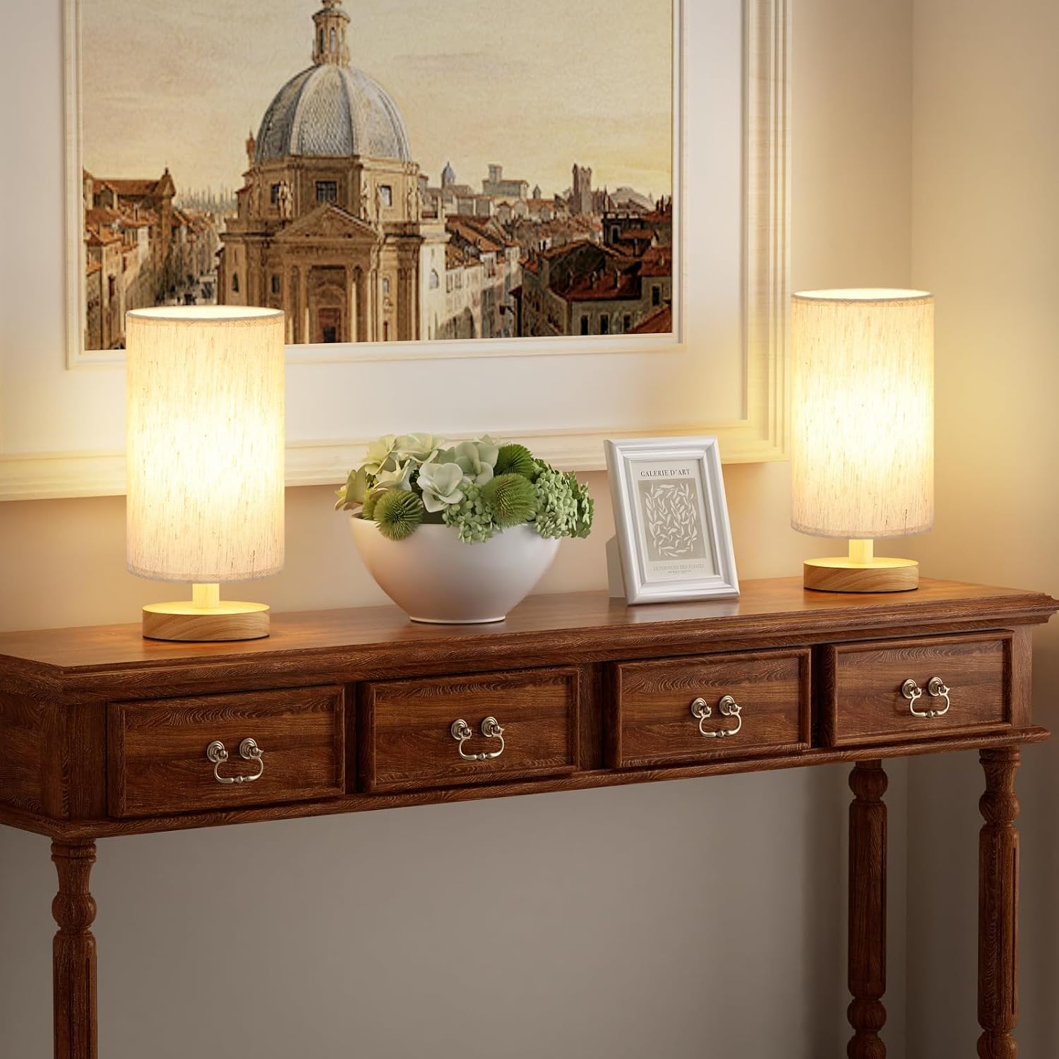 Fenmzee Small Lamps Set of 2 - Inline Control, Bedside Table Lamp for Bedroom with 3000K A15 LED Blub, Easy Assembly (Cream Shade - Wood Base Set of 2, 9" Inline Control)