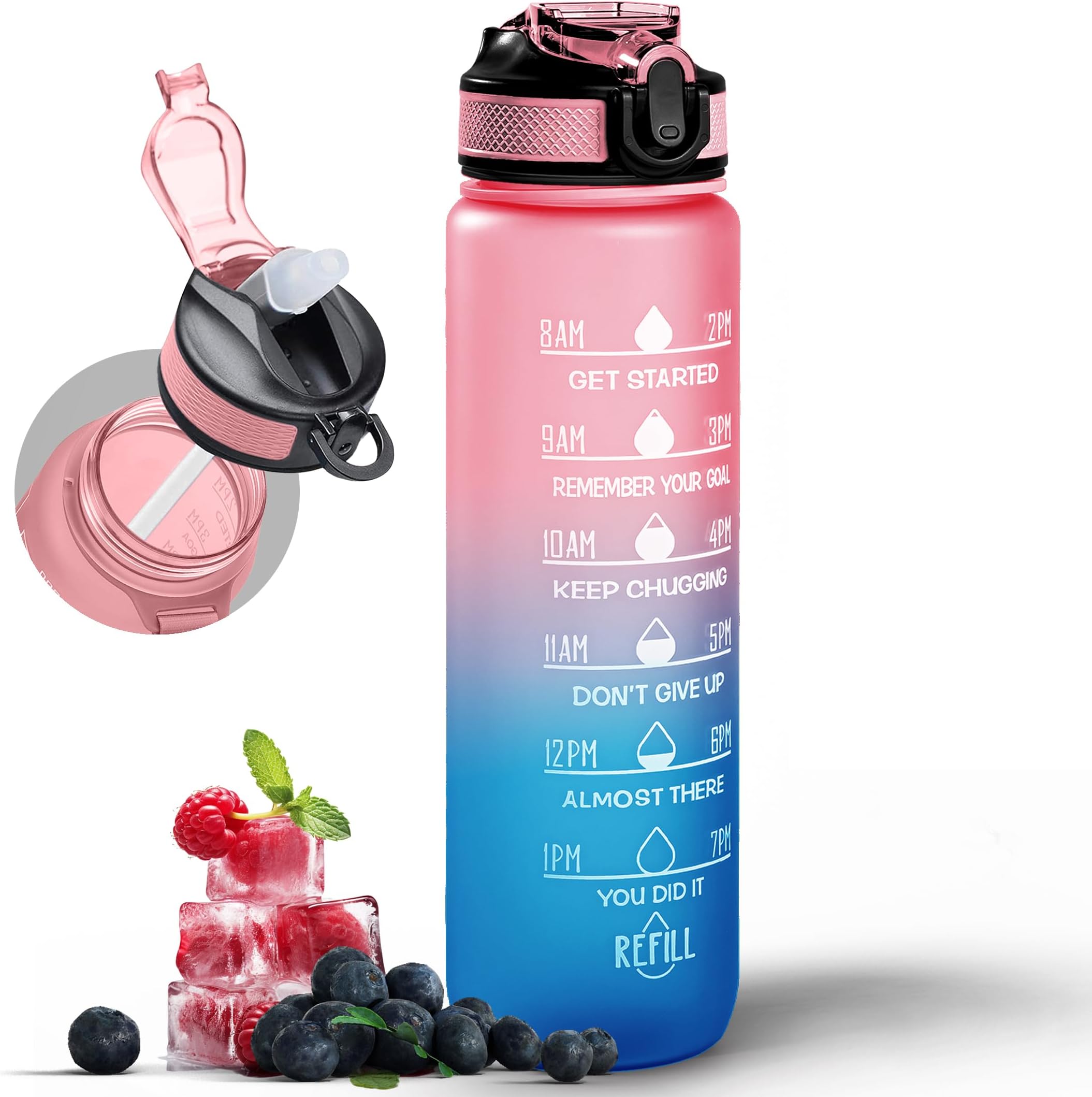 Water Bottle 1000ml Sports Water Bottle with Motivational Time Marker & Straw, Dishwasher Safe Leak-proof Drink Bottle BPA Free Non-Toxic Tritan Material 1 Click Open for Running Gym