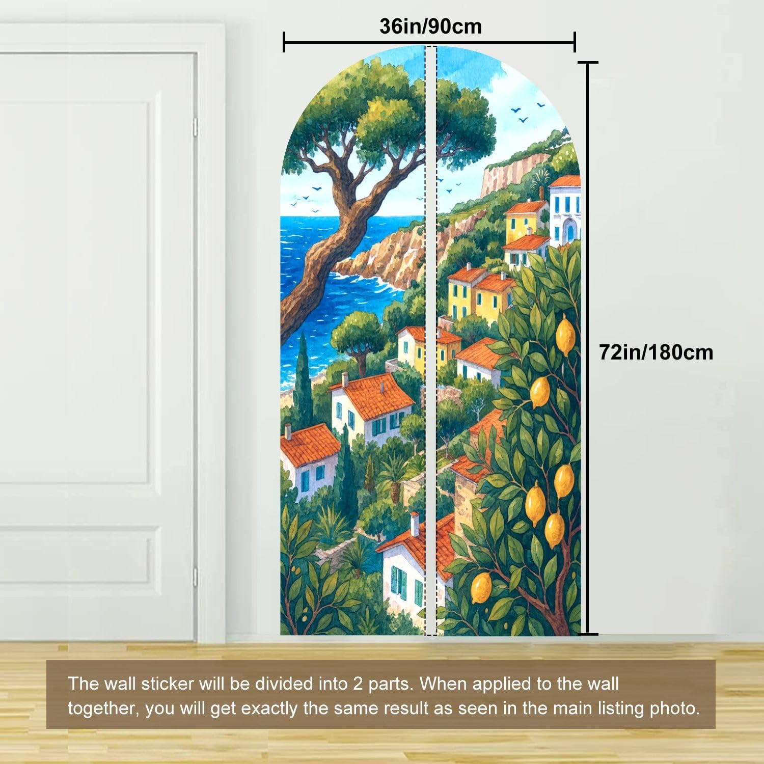 Headboard Arch Wall Decals Mediterranean Seaside Watercolor Art Quaint Coastal Village Boho Sticker Peel and Stick Removable Mural Accent Bed Home Decor for Bedroom Living Room 36"x72"