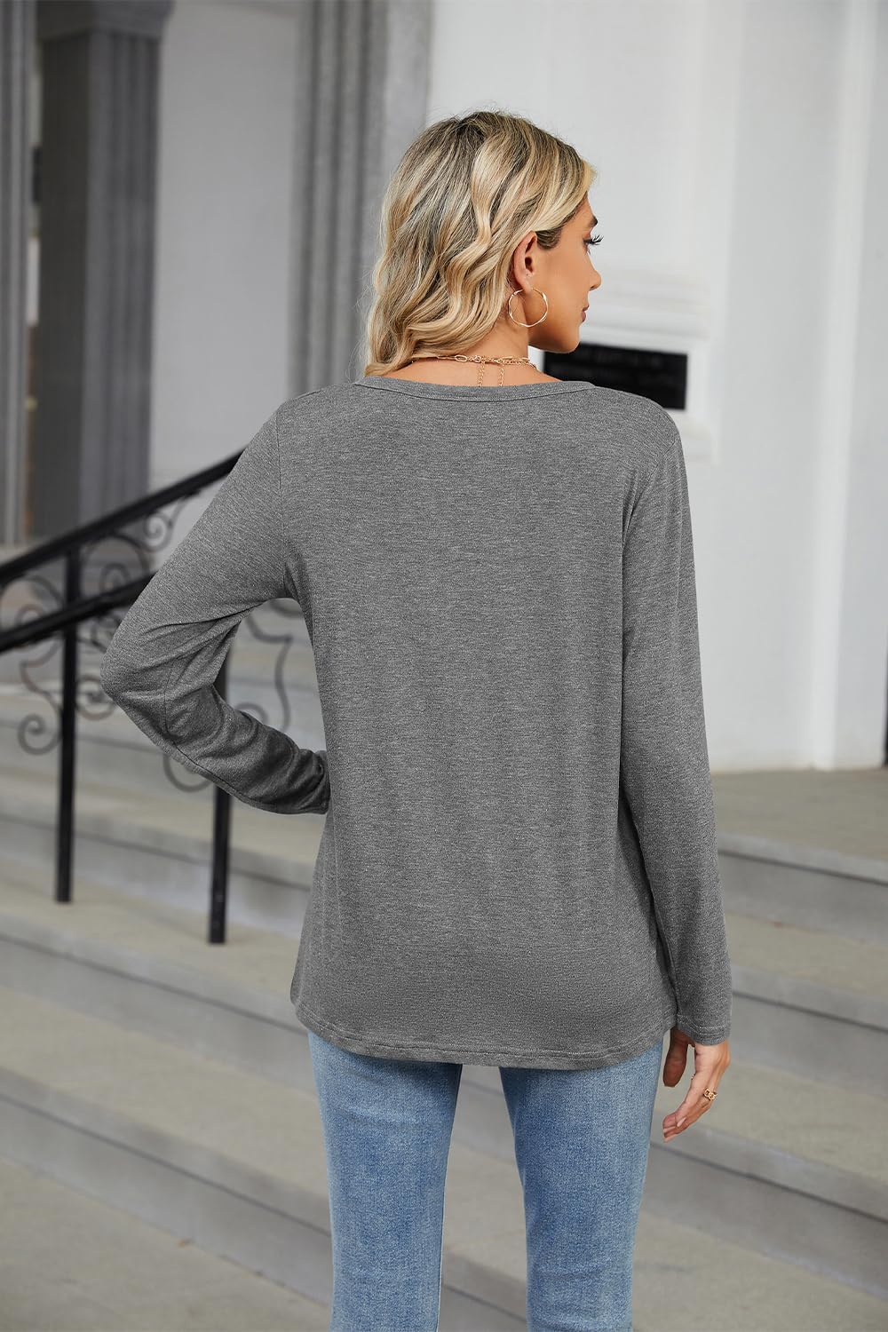 Womens Long Sleeve Shirts V Neck Casual Basic Tees Fall Loose Fit Solid Color Blouse 2025 Trendy Clothes - Image 2