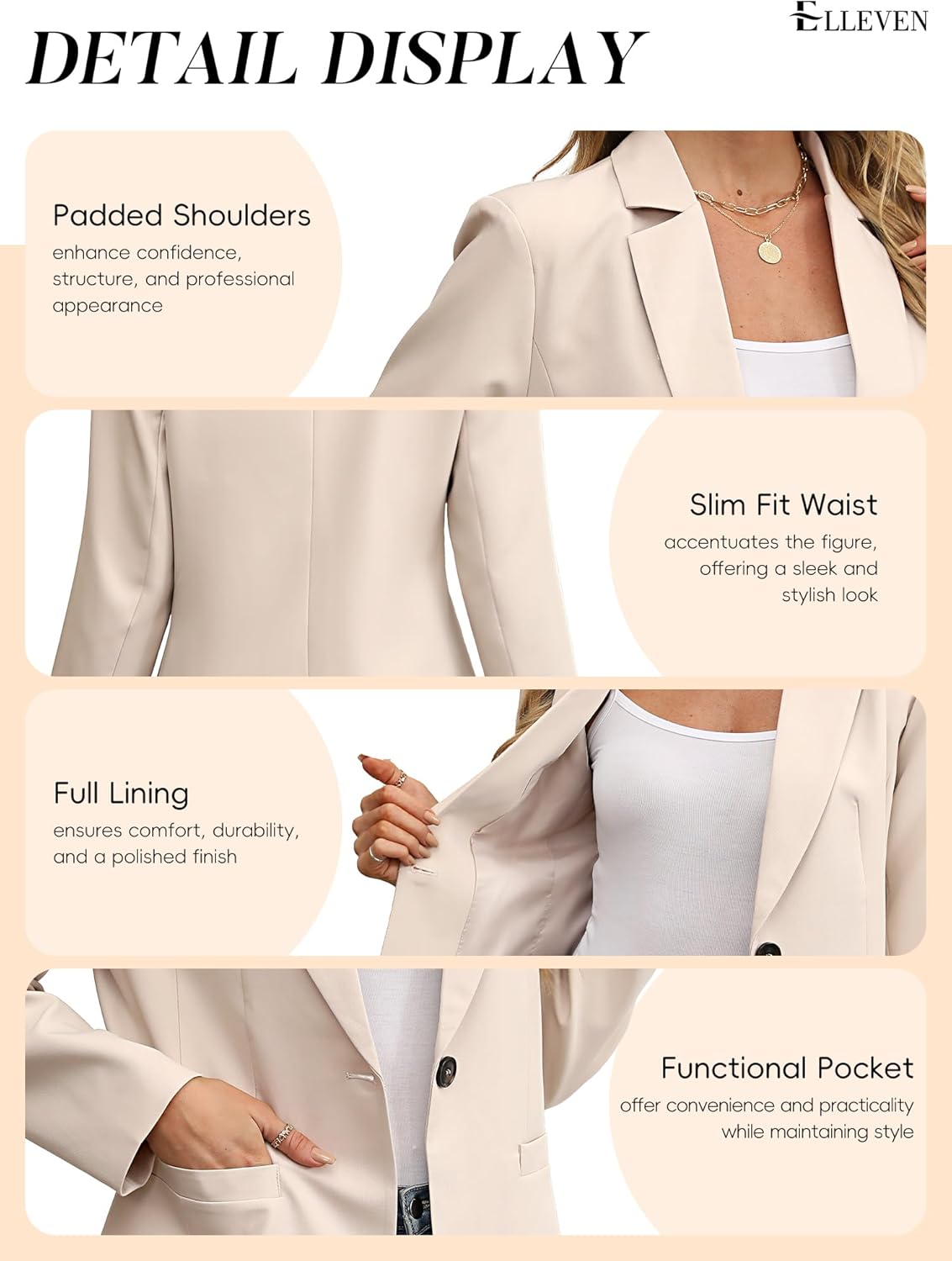 ELLEVEN Women's Blazer Business Casual Lightweight Suit - Long Sleeve Slim Fit Work Office Jacket with Pockets - Image 6