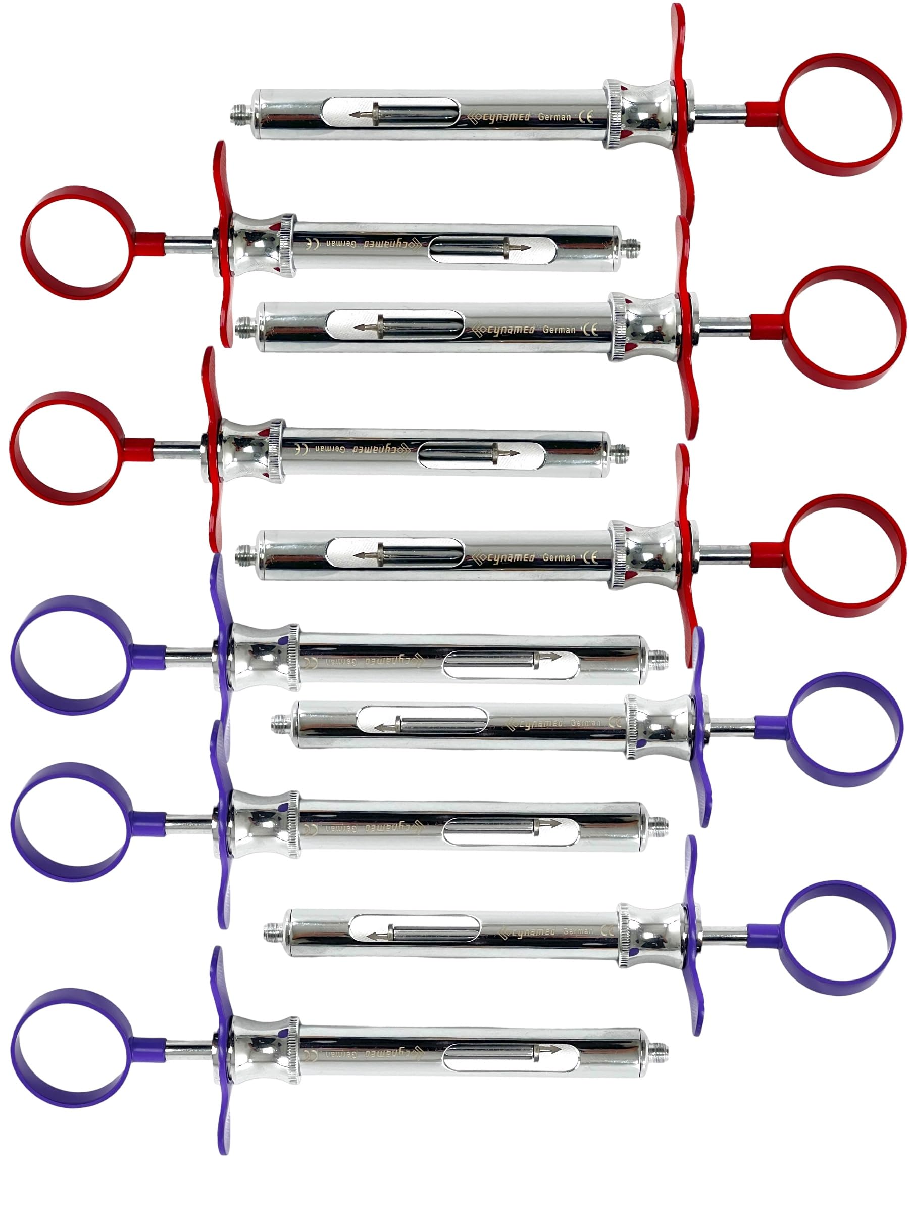 10 Count | Dental Anesthetic Syringe Type-CW 1.8cc, Self-Aspirating with Plunger Rod & Colored Handles (Blue+Red) - Autoclave Safe German Stainless Steel Dental Instruments