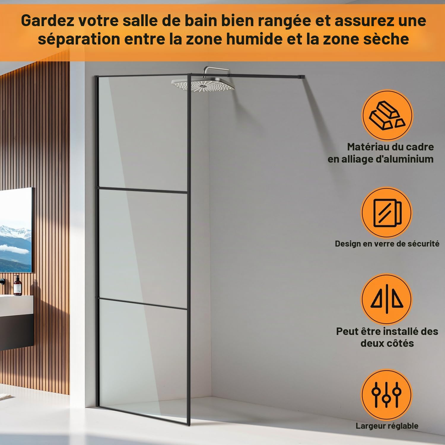 Daromigo Paroi de douche 80×200 cm pour douche, verre de sécurité ESG 5 mm pour douche walk-in, séparation de douche à cadre complet en aluminium, plage de réglage 0–10 mm, montage gauche/droite