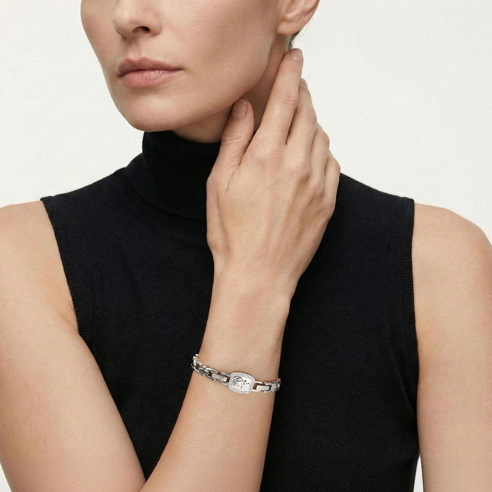 RainSo Bracelet magnétique pour femme - Rose amovible - Bracelet 2 en 1 en acier inoxydable avec double possibilité de port - Taille réglable - Avec outil de réglage et boîte cadeau (argent)