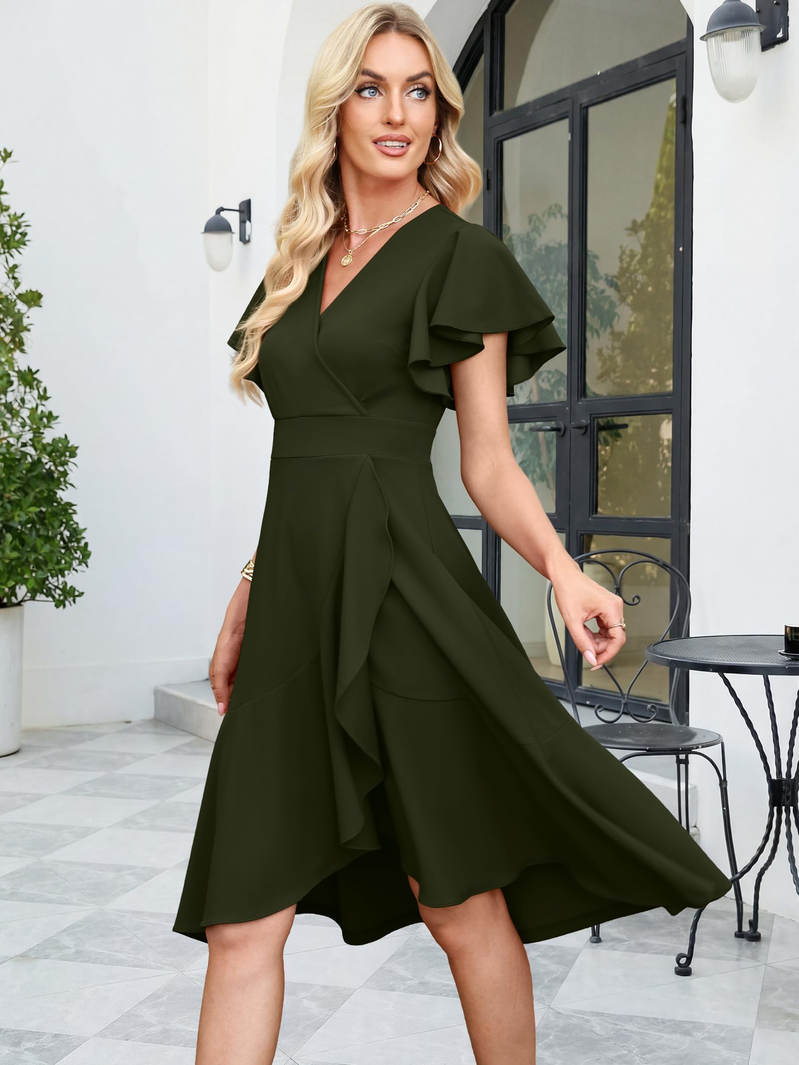 Vestido largo con cuello en V y mangas con volantes para mujer, elegante, con cintura cruzada, para coro, boda, dama de honor, cóctel, fiesta, 2026