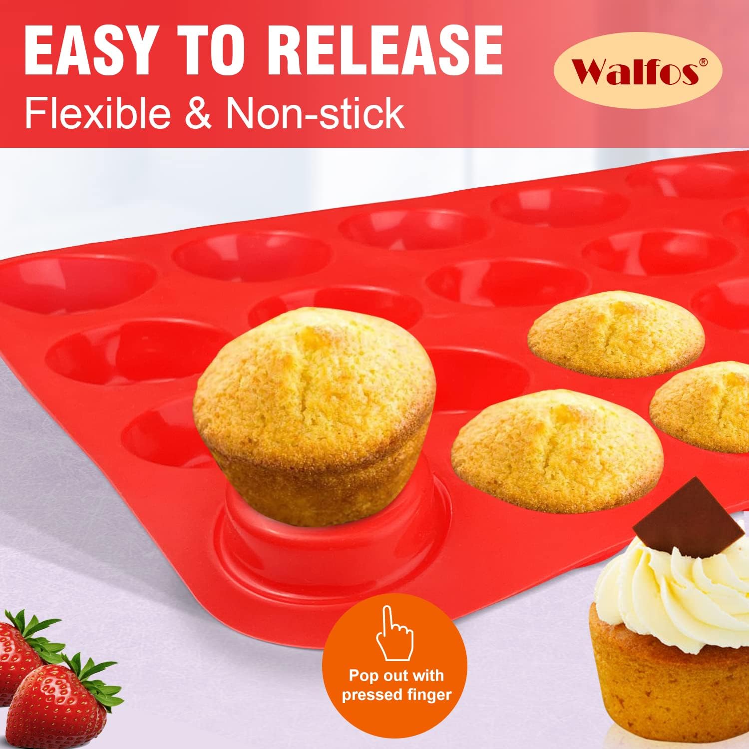 Walfos 2pcs Silicone Mini Muffin Pan, 24 Cups, BPA Free and Dishwasher Safe, Non-Stick Silicone Cupcake Baking Pan - Image 3