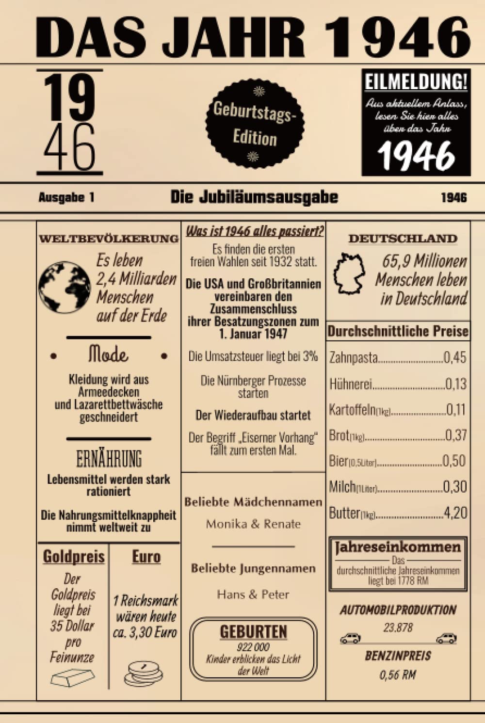Das Jahr 1946: Notizbuch Mit Cover Im Zeitungsdesign / Jahrgang 1946