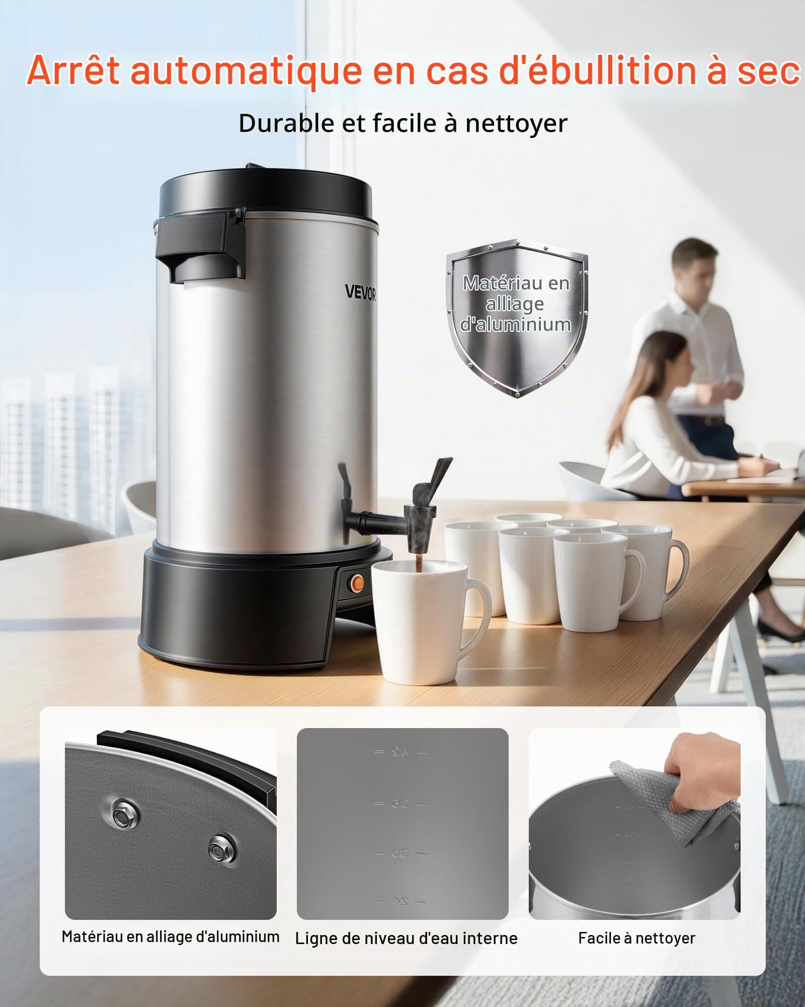 VEVOR Percolateur à Café 6,3 L 42 Tasses Distributeur de Boissons Chaudes, Pour Thé Chocolat Bureau Restauration Fête, Marmite à Vin Chaud 84-94 ℃, Fontaine à Café Infusion Rapide, Robinet Anti-goutte