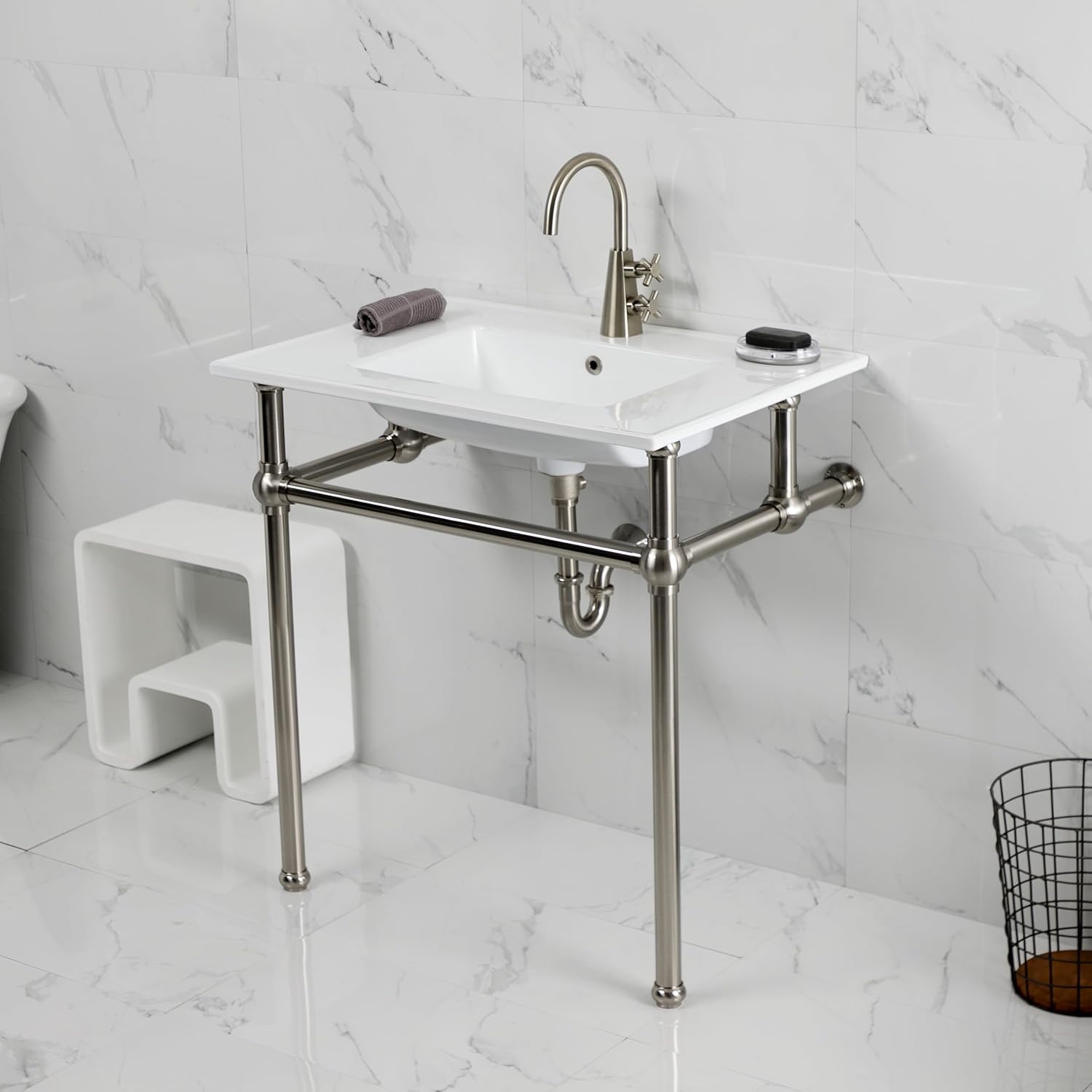 Kingston Brass KVBH312278 Addington 31" Console Sink with Brass Legs (Single Faucet Hole), White/Brushed Nickel