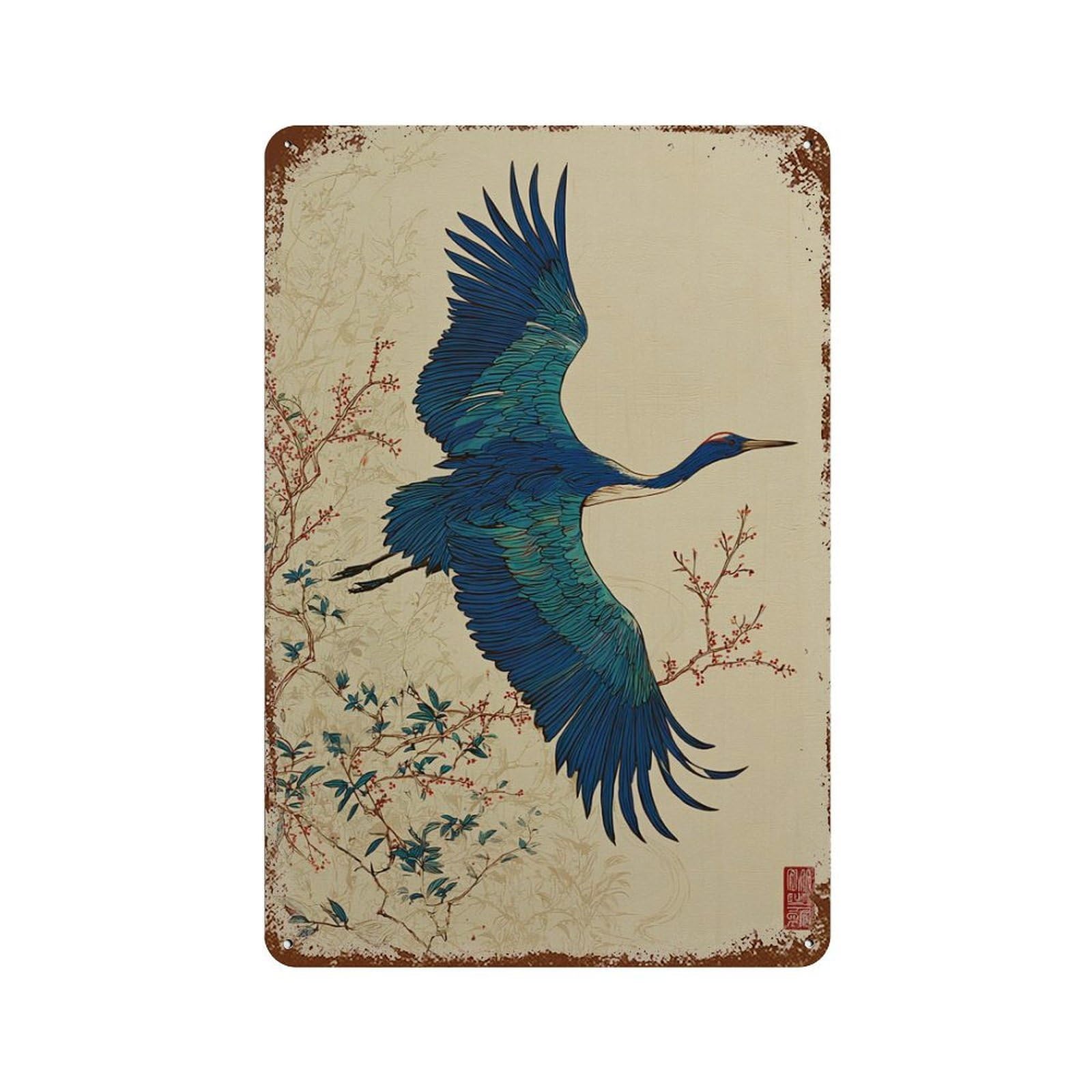 xiaoxiaoshen Japanese Crane Bird Blue Nature Minimal Zen Interior Living Room Woodblock Wall Decor Art Metal Tin Poster Modern Home Decor Art Home Bar Shop Decorations Vintage Sign 30x20cm