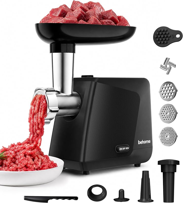 Behome Electric Meat Grinder for Home, Sausage Stuffer and Kubbe Maker | 2800W MAX Grinds up to 2.2 lb/min with reverse control, 3 grinding plates, sausage tube and kubbe attachment for home use