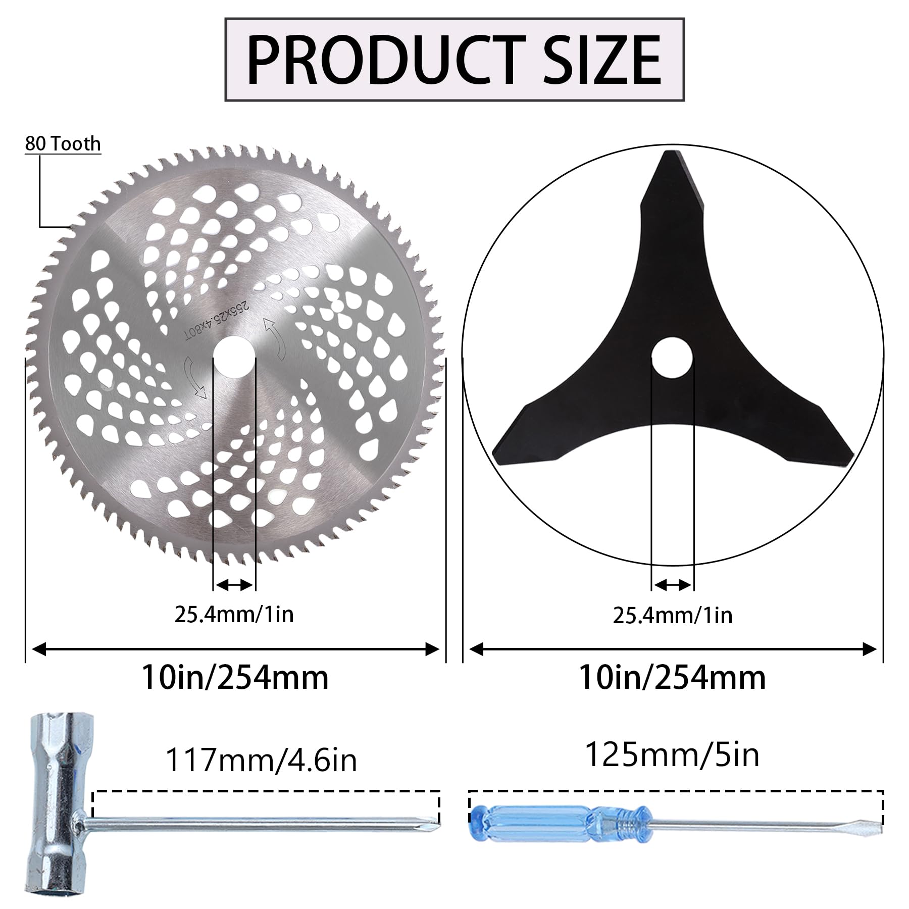 Cuchillas de corte de cepillo de acero al carbono de 10 x 3 dientes y cuchillas de cepillo de punta de carburo 80T de 10 pulgadas x con 2 kits de adaptadores diferentes, cabezal de corte de acero