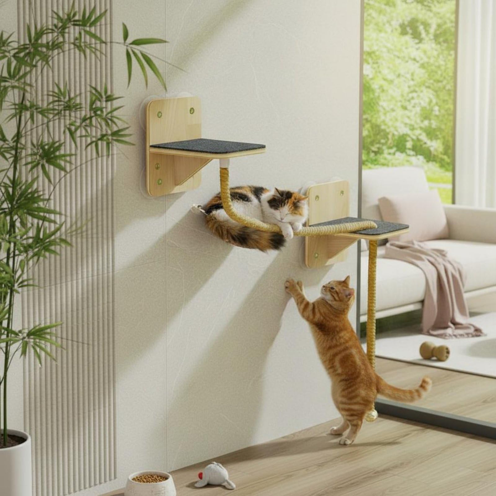 Lettino Pensile per Gatto Amaca da Finestra con Struttura a Due Livelli in Rete Traspirante Legno Robusto Soluzione Salvaspazio Adatto a Gatti Interno, Corda Di Sisal