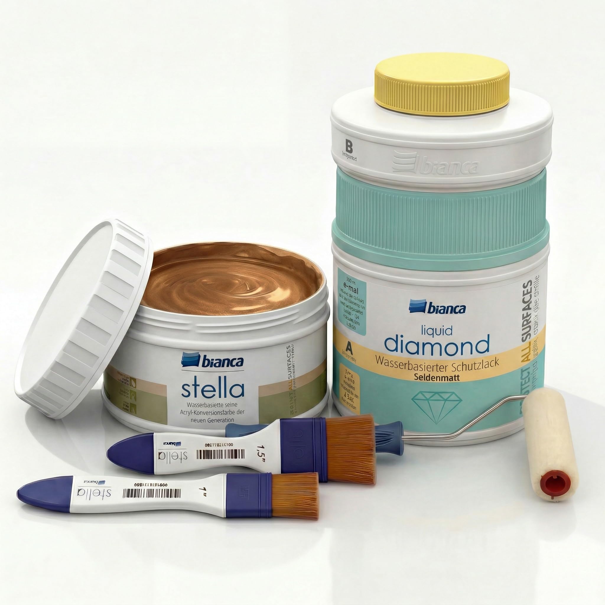 Bianca Stella Universalfarbe 250ml, Bronze & Seidenmatt 2K Schutzlack 600g mit Rolle & Pinseln - Parfümierte Renovierfarbe für Möbel, Holz, Fliesen, Metall & Kunststoff