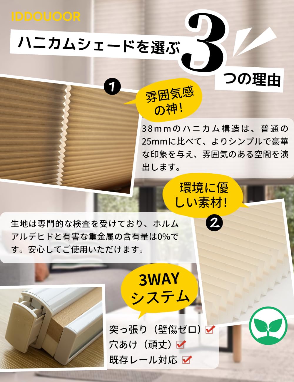 Amazon｜IDDOUOOR コードレス・つっぱり式 ハニカムシェード 採光