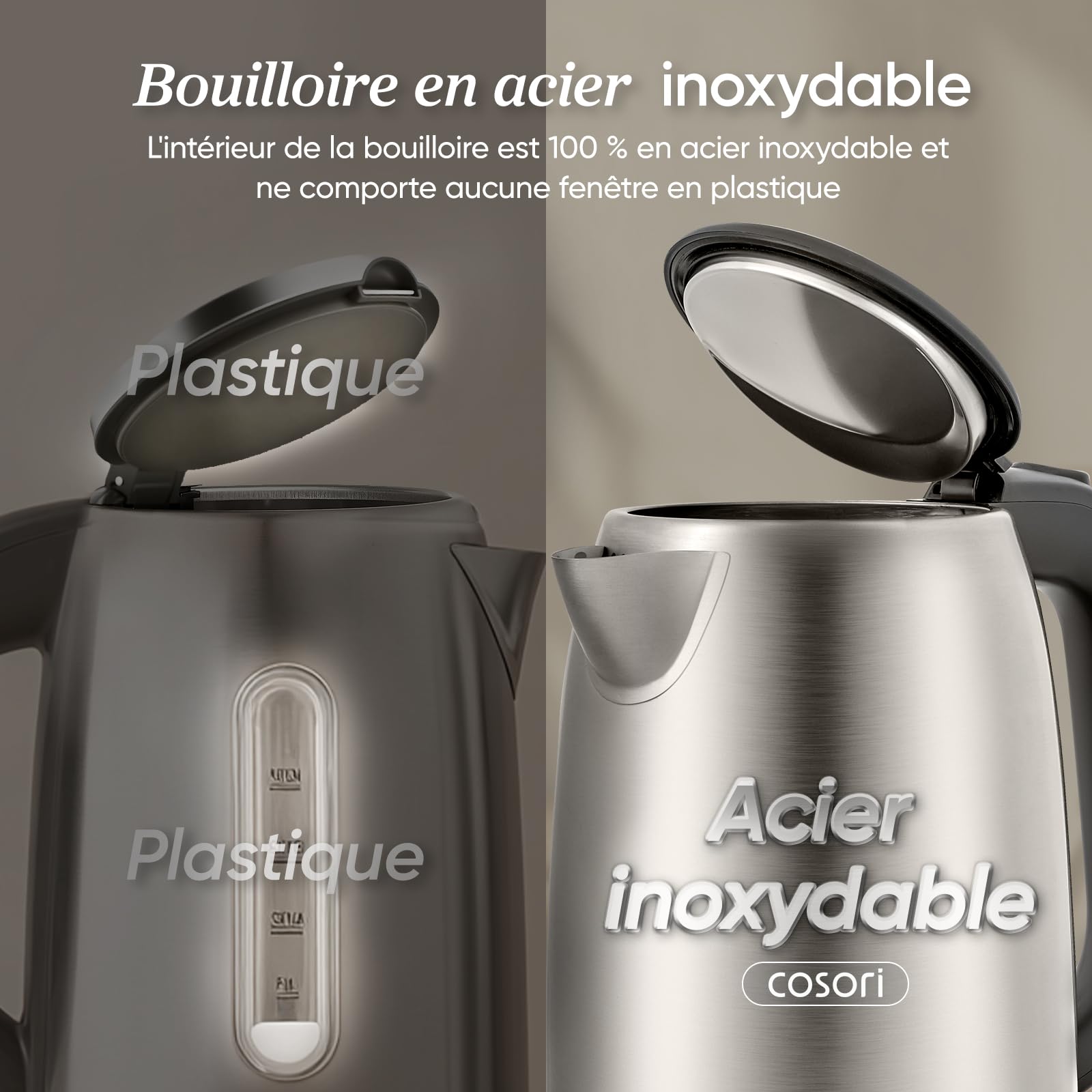 COSORI Hervidor de Agua Eléctrico 1,7L Acero Inoxidable 304, 2200W, Sin Plástico en Contacto con el Agua, Sin BPA, Ebullición Rápida, Termostato Strix, Base 360°, Apagado Automático, Negro/Plata — view 3