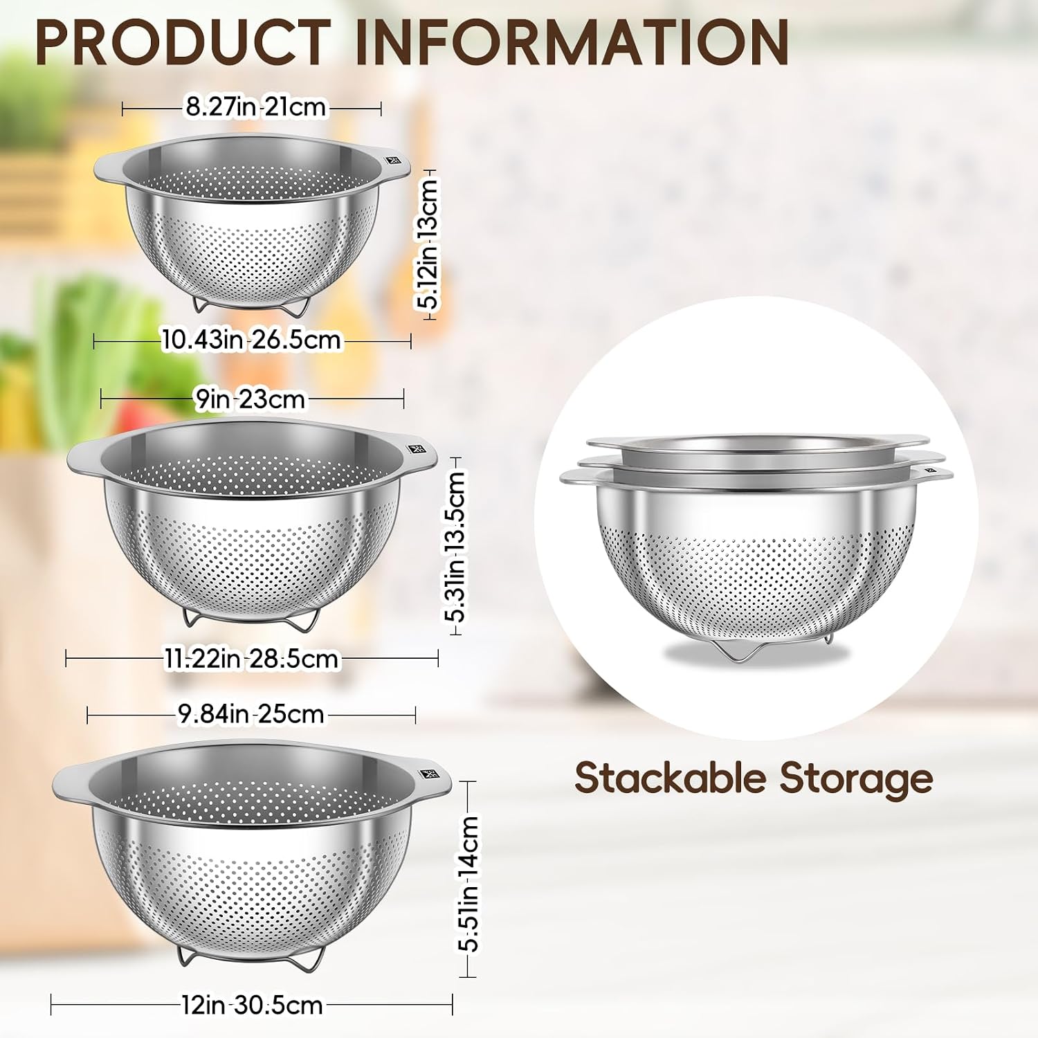 GOLDEN KEY 3Pcs Stainless Steel Colander Set for Kitchen - 2QT/3QT/5QT, Multi-Size Strainer for Draining Pasta, Washing Vegetables, Straining Hot Foods & Grease, Nesting Storage, Dishwasher Safe