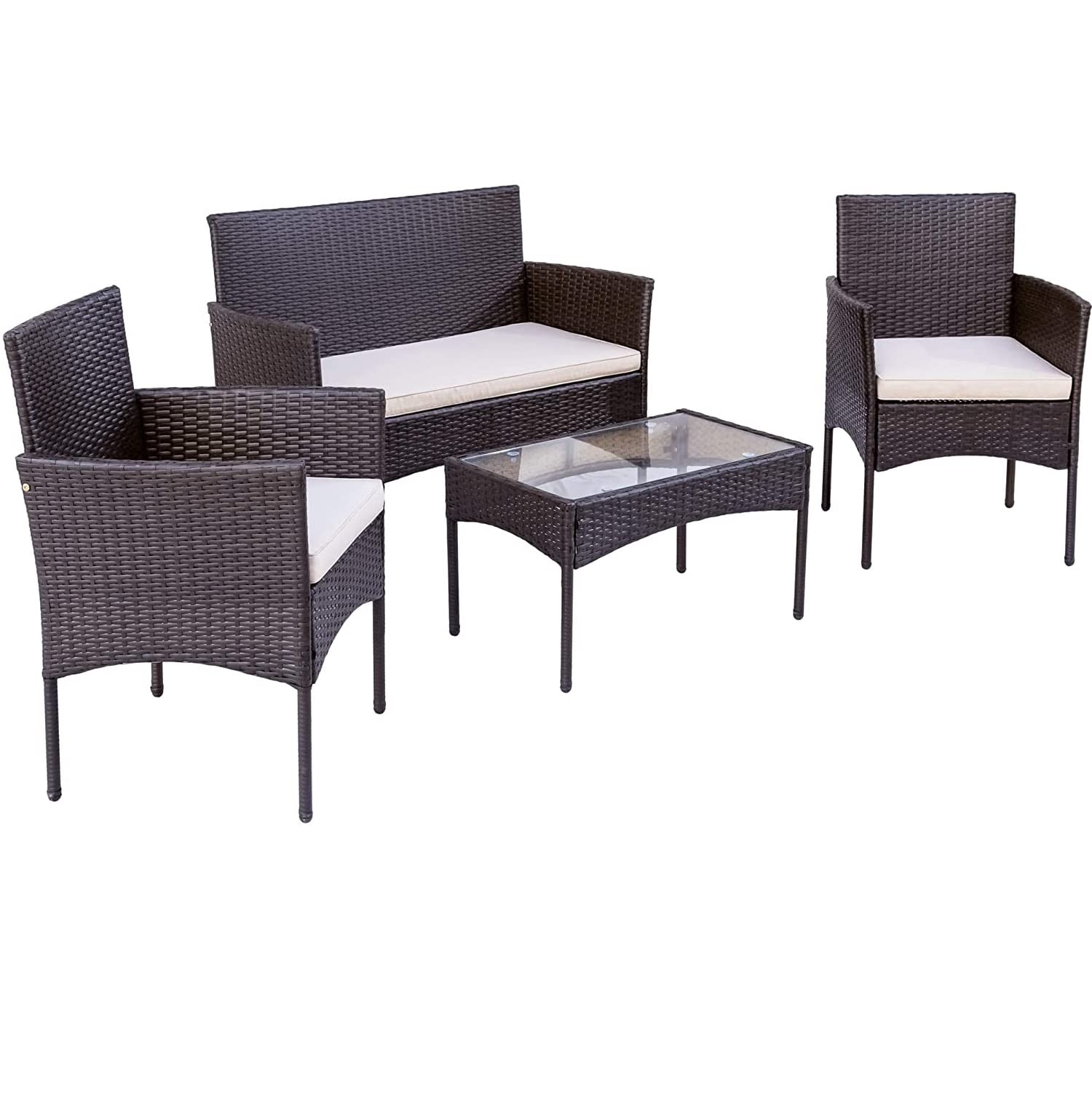 Juego de Muebles de Jardín de Ratán, 4 Piezas, Conjuntos de Muebles de Jardín Exterior,2 Sillones, 1 Sofá, Mesa de Cristal Templado