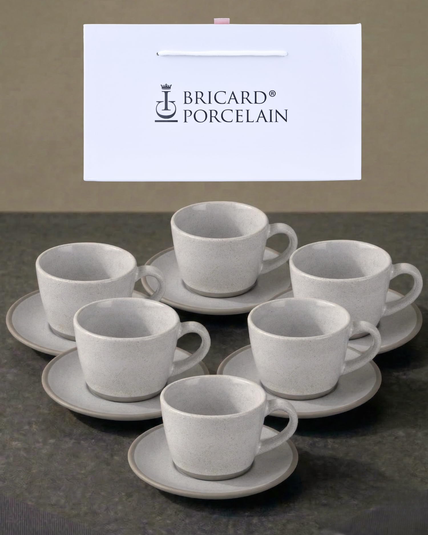 Kaffeetassen Set 12-teilig mit Untertassen, Kaffeeservice für 6 Personen | BRICARD Albi | 200 ml Keramik Hellgrau, Cappuccino Tassen, Spülmaschinen- & Mikrowellengeeignet, Geschenkset