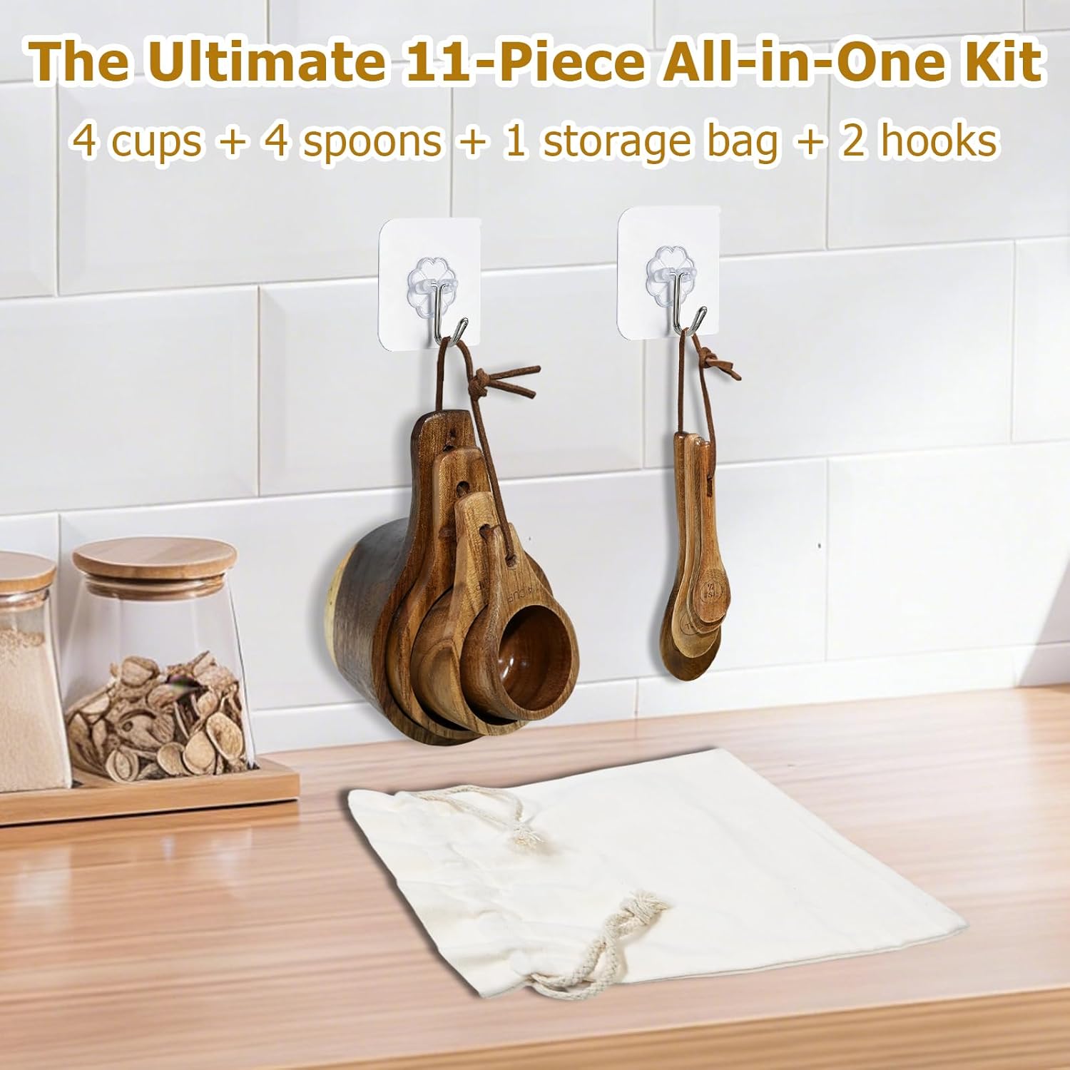 11 Pcs Portable Wooden Measuring Cups and Spoons Set | 4 Acacia Wood Measuring Cups & 4 Wooden Measuring Spoons & 1 Storage Bag & 2 Hooks for Baking & Cooking