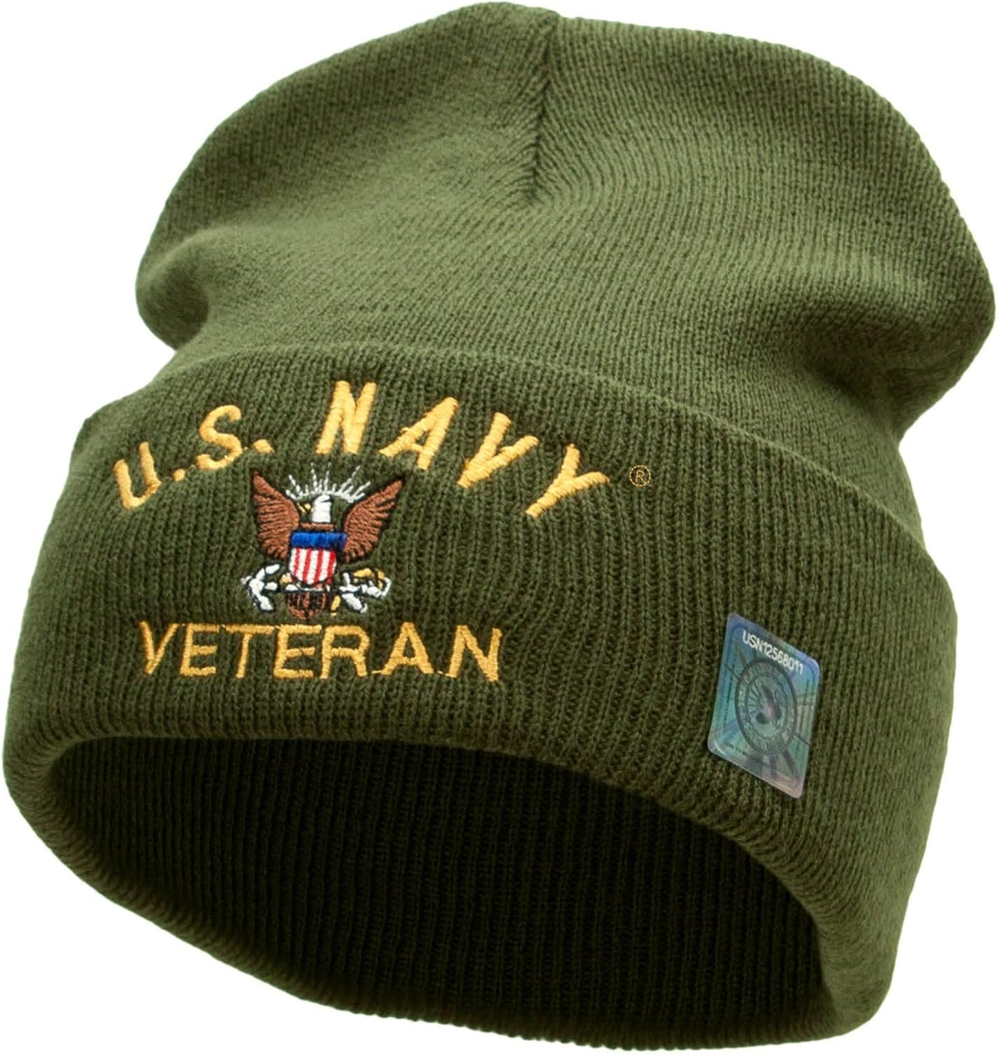 US Navy Veteran Logo Embroidered Long Beanie Made in USA