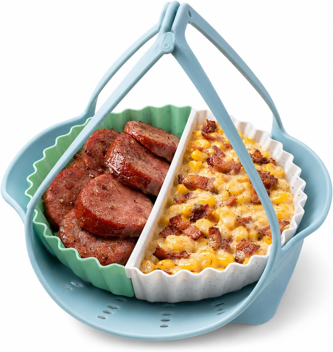 2-in-1 Silicone Steamer Sling & Divided Pot-in-Pot Insert Set for Instant Pot 6/8 Qt, Anti-Scald Pressure Cooker Lifter with 2-Chamber Steamer Basket, BPA-Free, Mint Blue