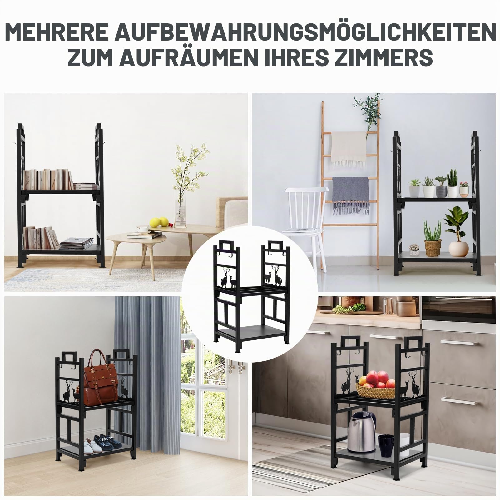 Kaminholzhalter, 2-lagig, aus Eisen, mit 4 Werkzeugen, Bürste, Schaufel, Zange und Haken – keine Schrauben erforderlich für Holzlagerung, Stapelmontage