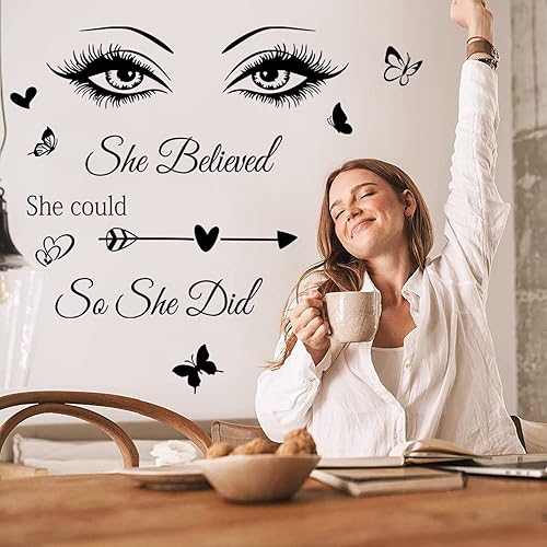 Miniatura 3 de Calcomanías de pared de vinilo con frase motivacional con texto en inglés "She Believed She Could So She Did", calcomanías de pared de mariposa para