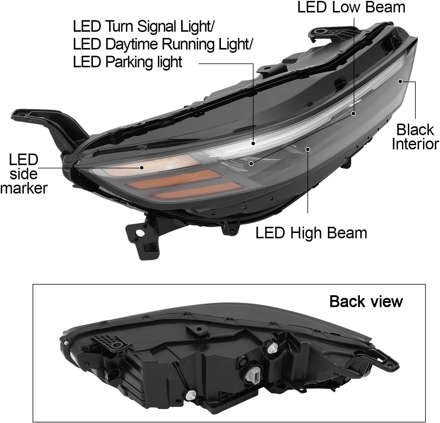 Headlight Assembly for 2023 2024 2025 Honda Accord, LED DRL Headlamp (Non-AFS), Black Housing, 3315030AA01, HO2502213 (Right Passenger Side)