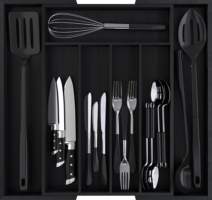 Utopia Kitchen Expandable Bamboo Utensil Drawer Organizer, Silverware Organizer for Cutlery, Flatware Holder (5-7 Slots, Black) - Pack of 1