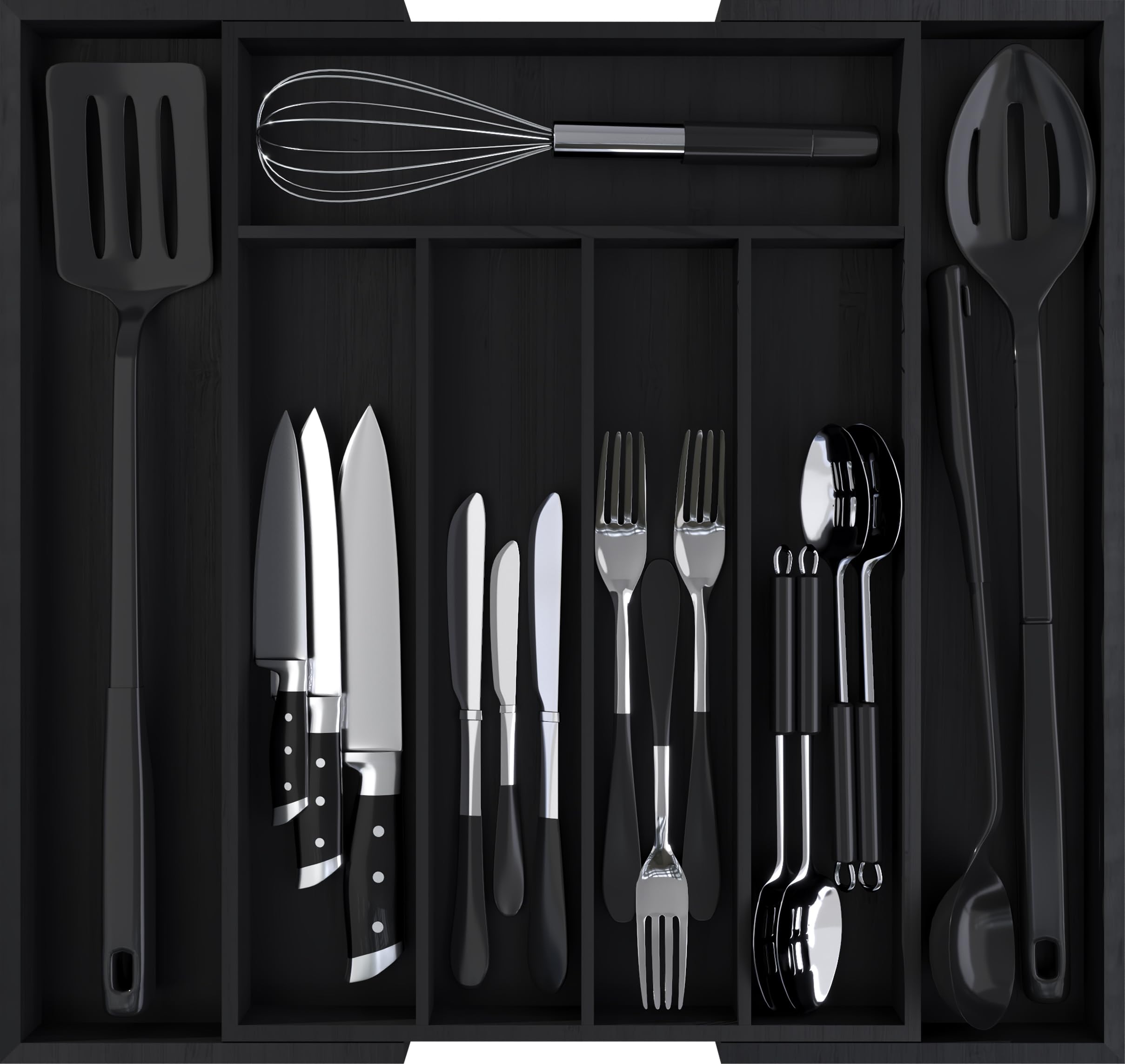 Utopia KitchenExpandable Bamboo Utensil Drawer Organizer, Silverware Organizer, Silverware Drawer Organizer, Kitchen Drawer Organizer for Cutlery, Flatware Holder (5-7 Slots, Black) - Pack of 1