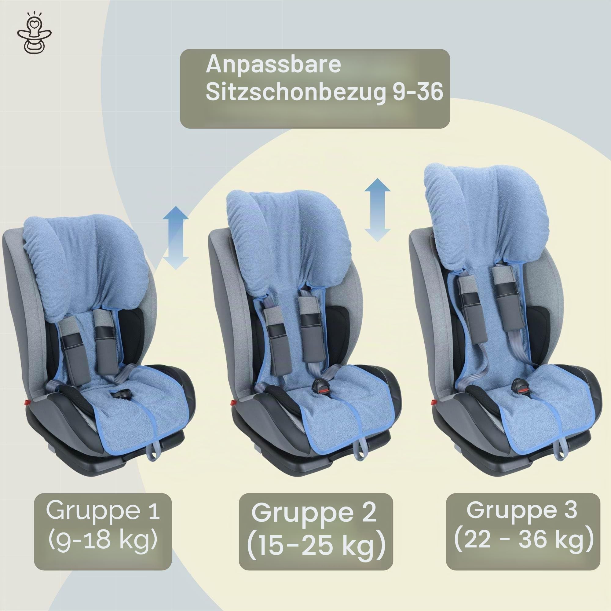 Kindersitzbezug Gruppe 1/2/3 (9–36 kg) aus 100 % Baumwoll-Doppel-Frottee – Oeko-Tex Standard 100 Atmungsaktiv & Schweißabsorbierend Ohne Polsterung Made in Italy (Grau)