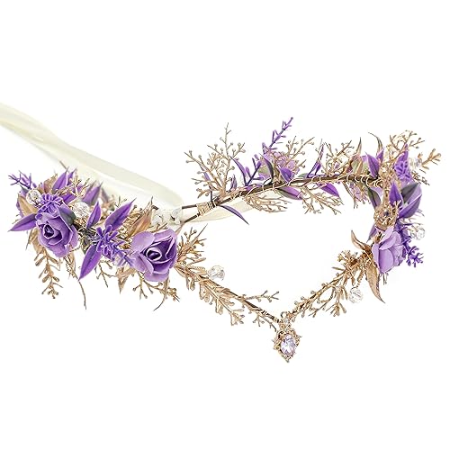 MOSTORY Purple Fairy Crown for Women - Woodland Flower Headpiece Elf Floral Crowns for Renaissance Fairycore Outift, Forest Elven Circlet for Renfaire Accessories Cosplay