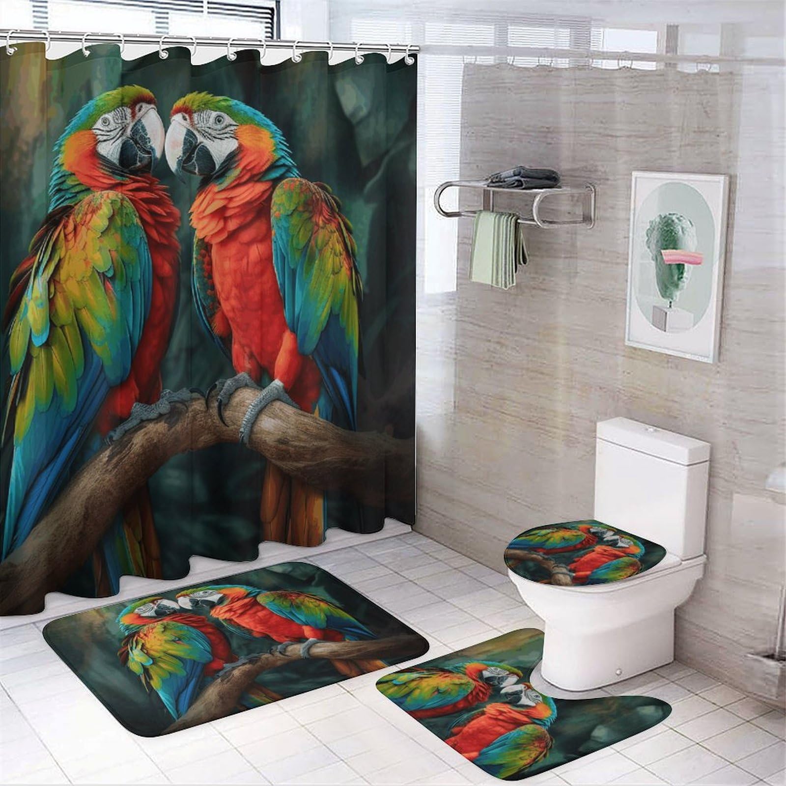 Ensemble de salle de bain perroquet 4 pièces avec rideau de douche et tapis imprimé exotique
