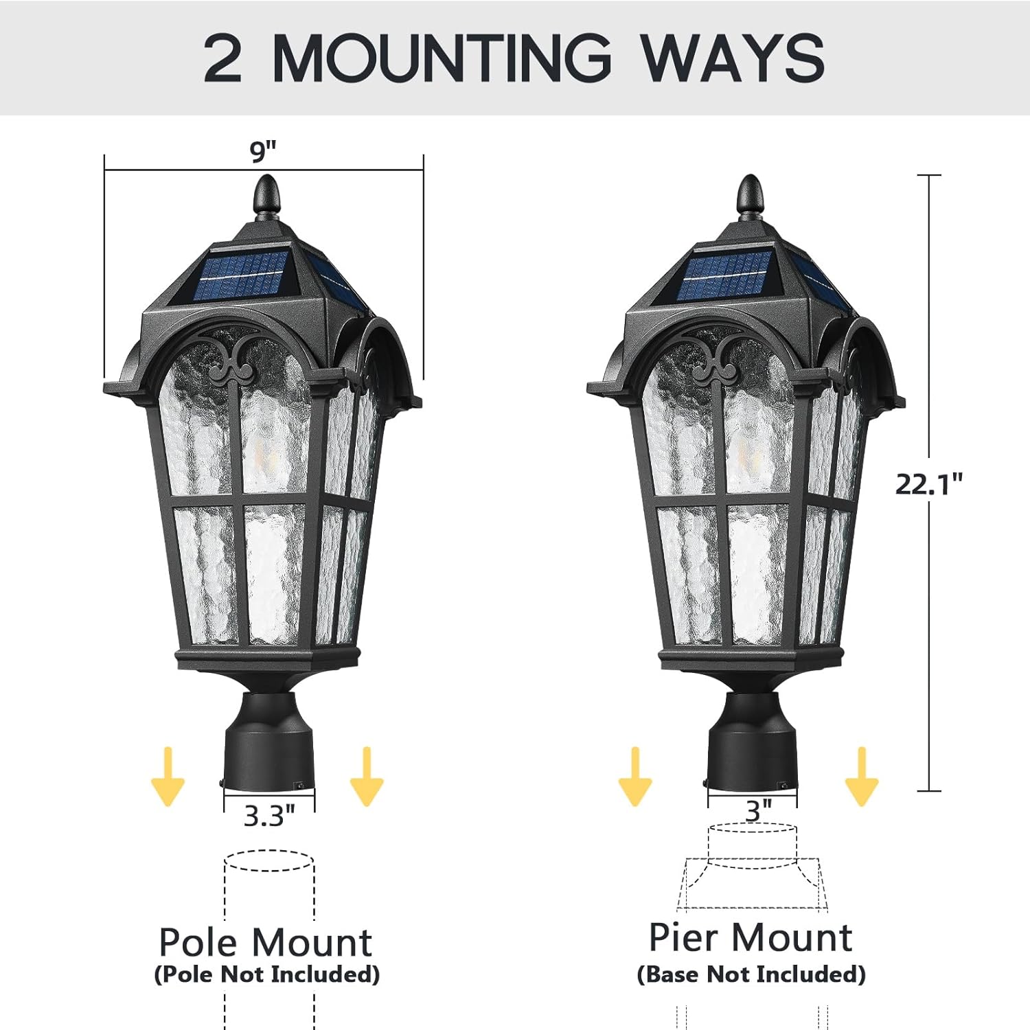 Emliviar Outdoor Solar Lamp Post Light in Black Finish, 22.1" Large Outdoor Lighting with Water Grain Glass Shade for Patio, Vintage Post Lantern LED Bulb Included with Remote Control, YXE302MP-SL BK
