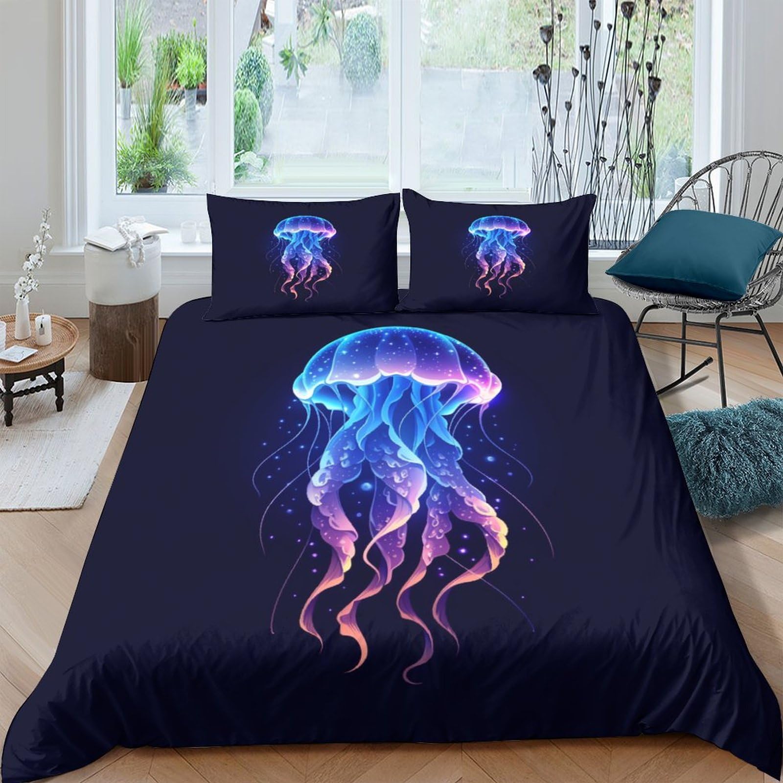 GAOYUCHUN Jellyfish Duvet Cover Set 3 PCS Hotel Quality Quilt Cover Bedding Sets Bed Covers with Pillowcases with Zipper Closure Ultra Soft Anti Allergic Microfiber Double（200x200cm）