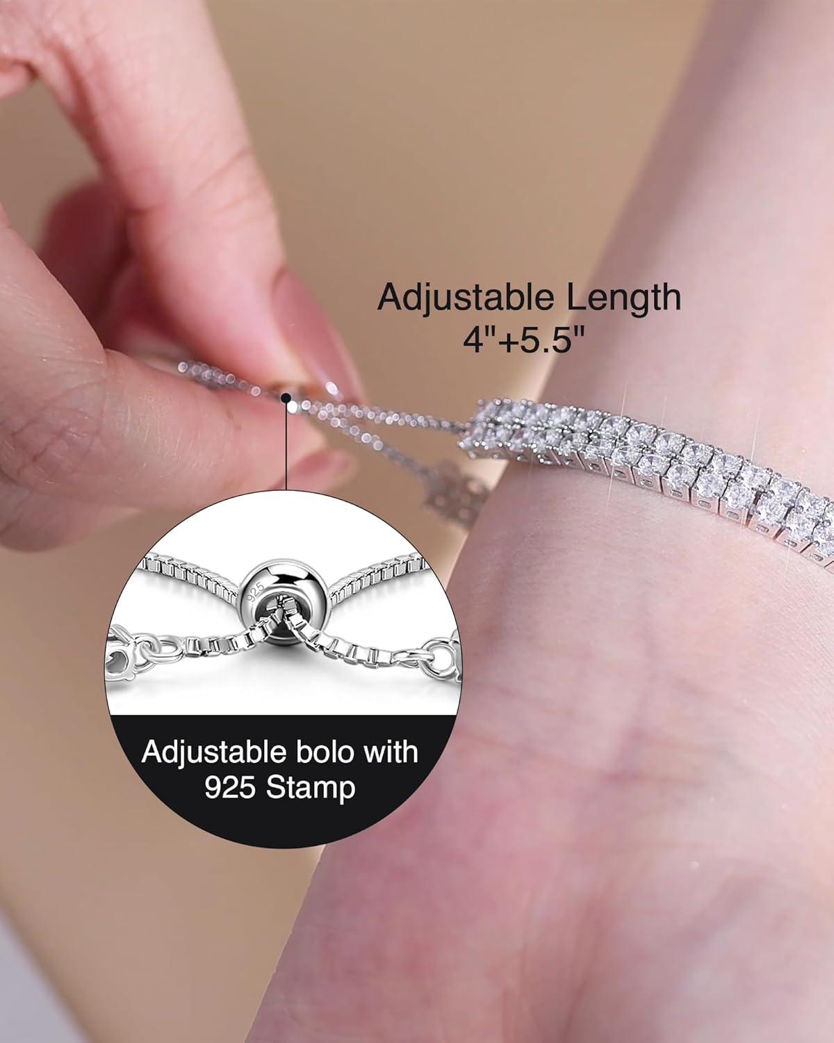 FANCIME Sterling Silver 2 Row Tennis Bracelet 3mm Cubic Zirconia Bolo Bracelet Fine Jewelry Gifts for Women - Image 4